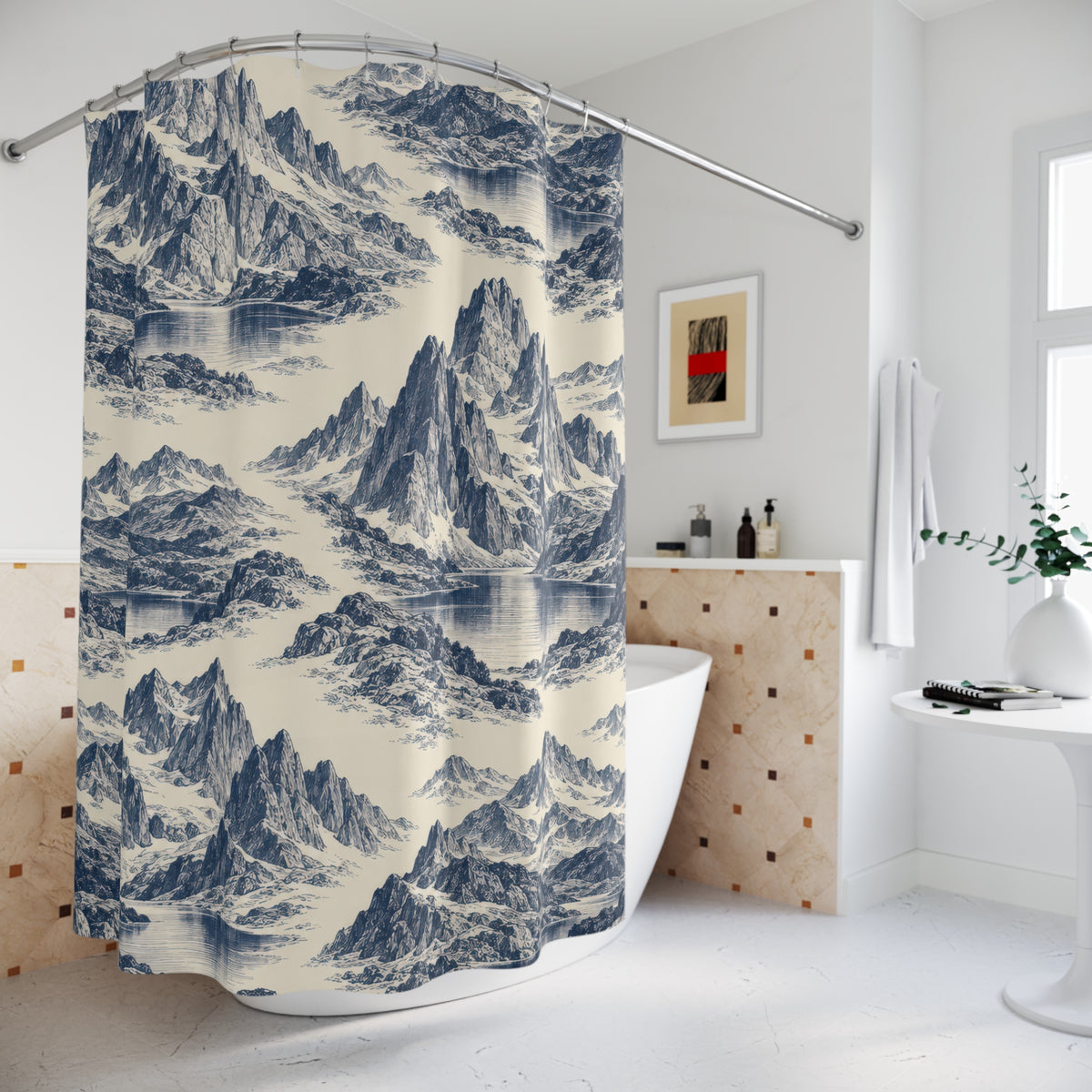 Indigo mountain and lake toile on ivory shower curtain beside a freestanding tub