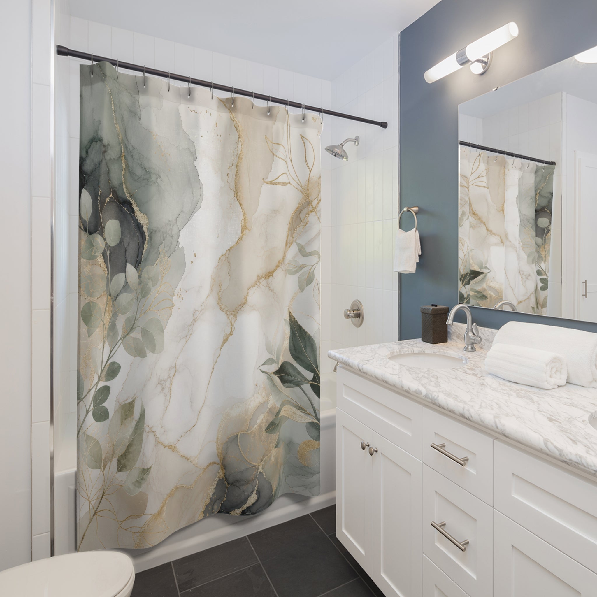 White Marble Shower Curtain: Grey Green Gold Abstract Floral
