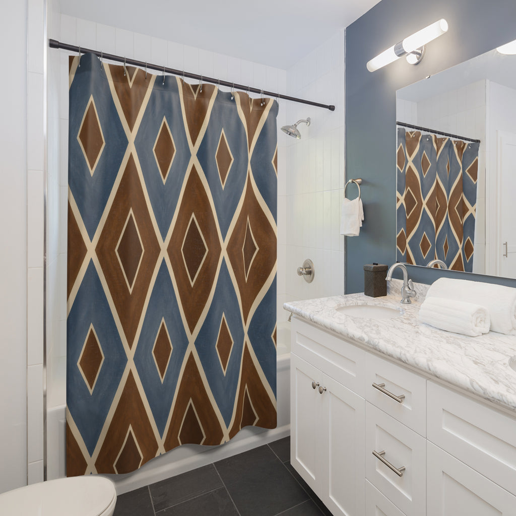 Blue and brown diamond lattice with ivory lines shower curtain beside a white vanity