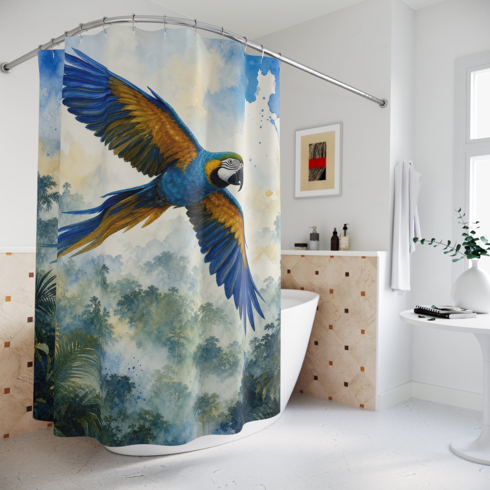 Blue and Gold Macaw Rainforest Shower Curtain