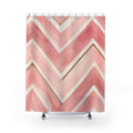 Painted blush pink and ivory chevrons with tan accents shower curtain with full front view