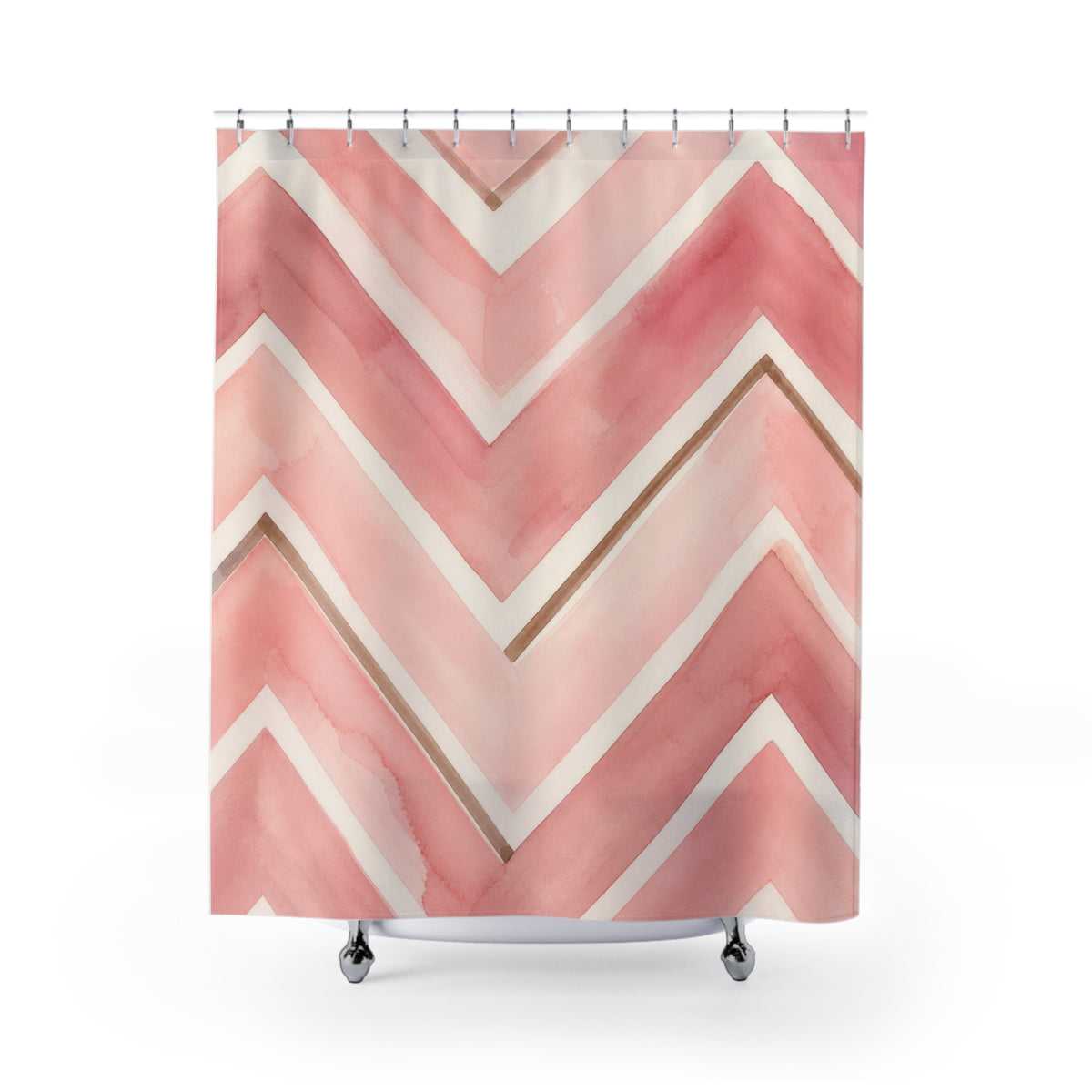 Painted blush pink and ivory chevrons with tan accents shower curtain with full front view