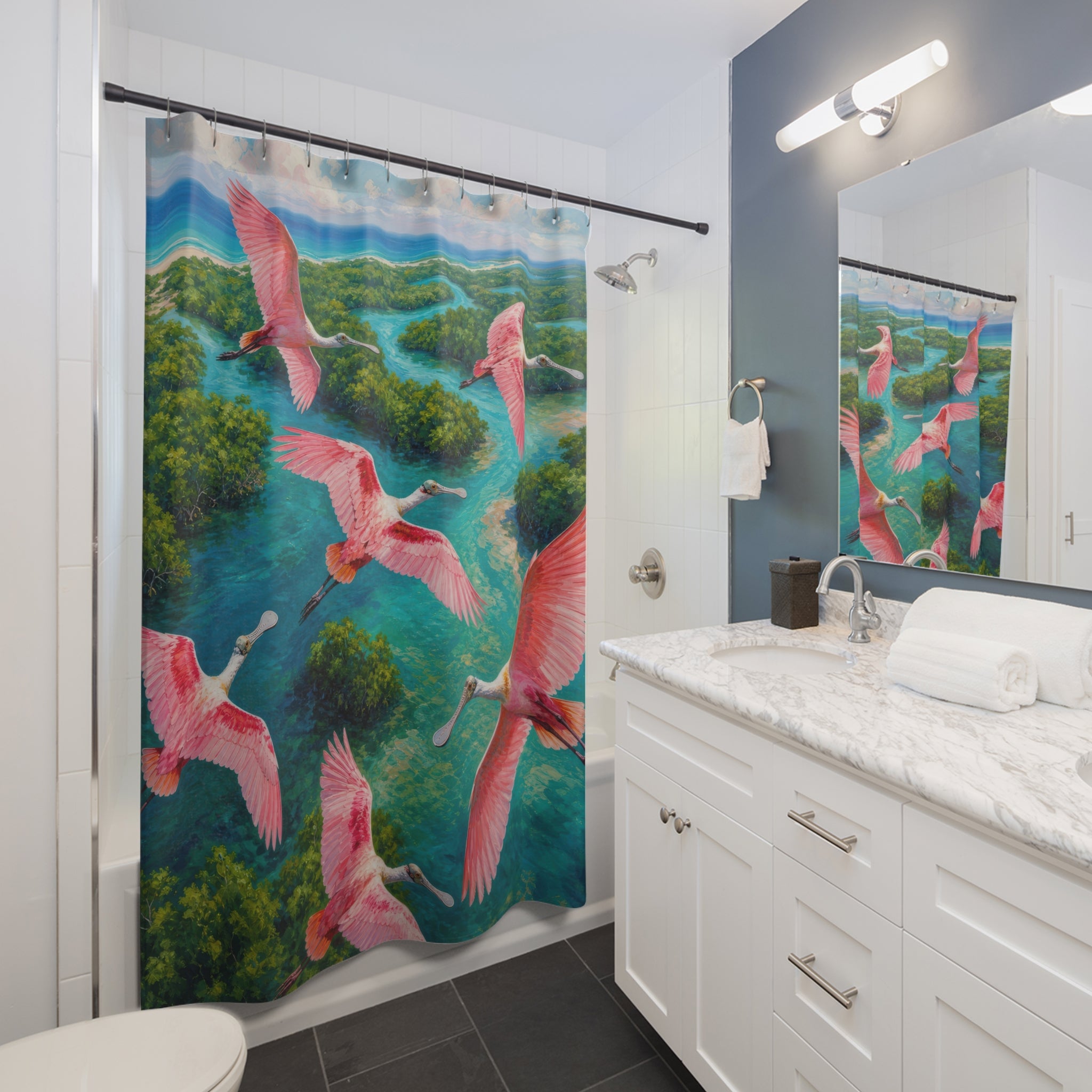 Roseate Spoonbill Lagoon Flock Shower Curtain