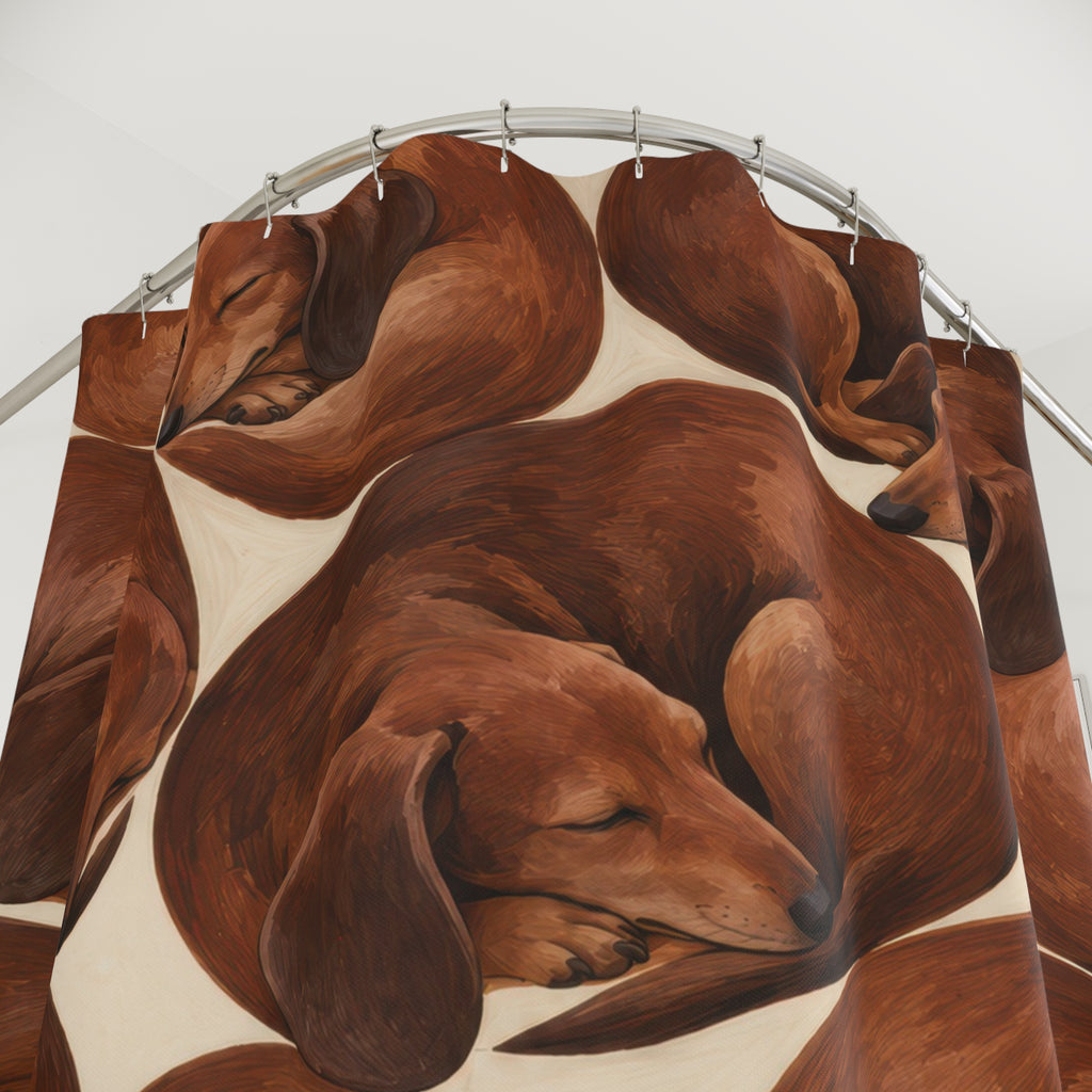 Curled chestnut sleeping dachshund shower curtain with close-up print, hooks, and folds