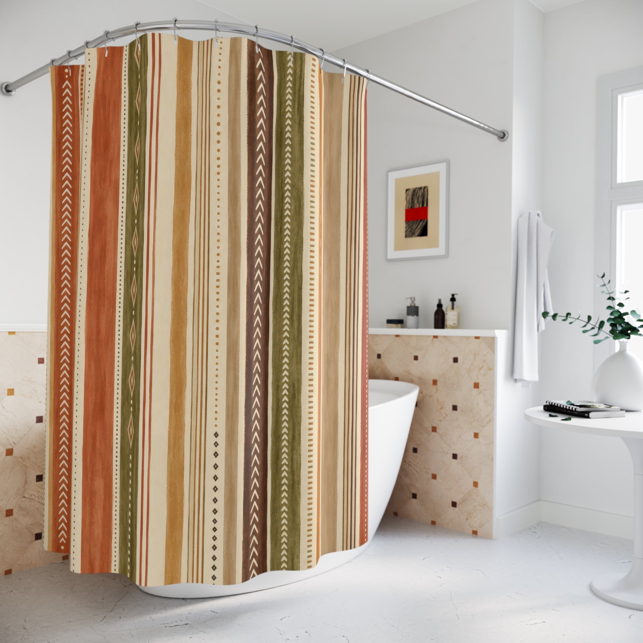 Olive Green Terracotta Diamond Stripe Shower Curtain