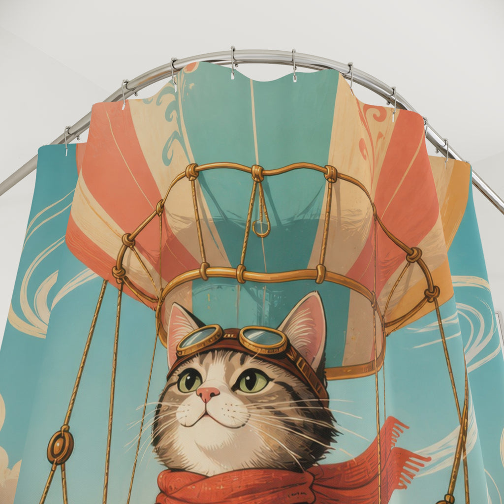 Cat piloting a teacup balloon through pastel clouds shower curtain with close-up print, hooks, and folds