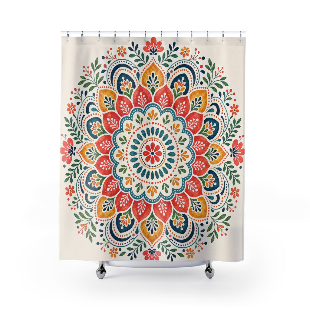 Orange Teal Floral Medallion Shower Curtain
