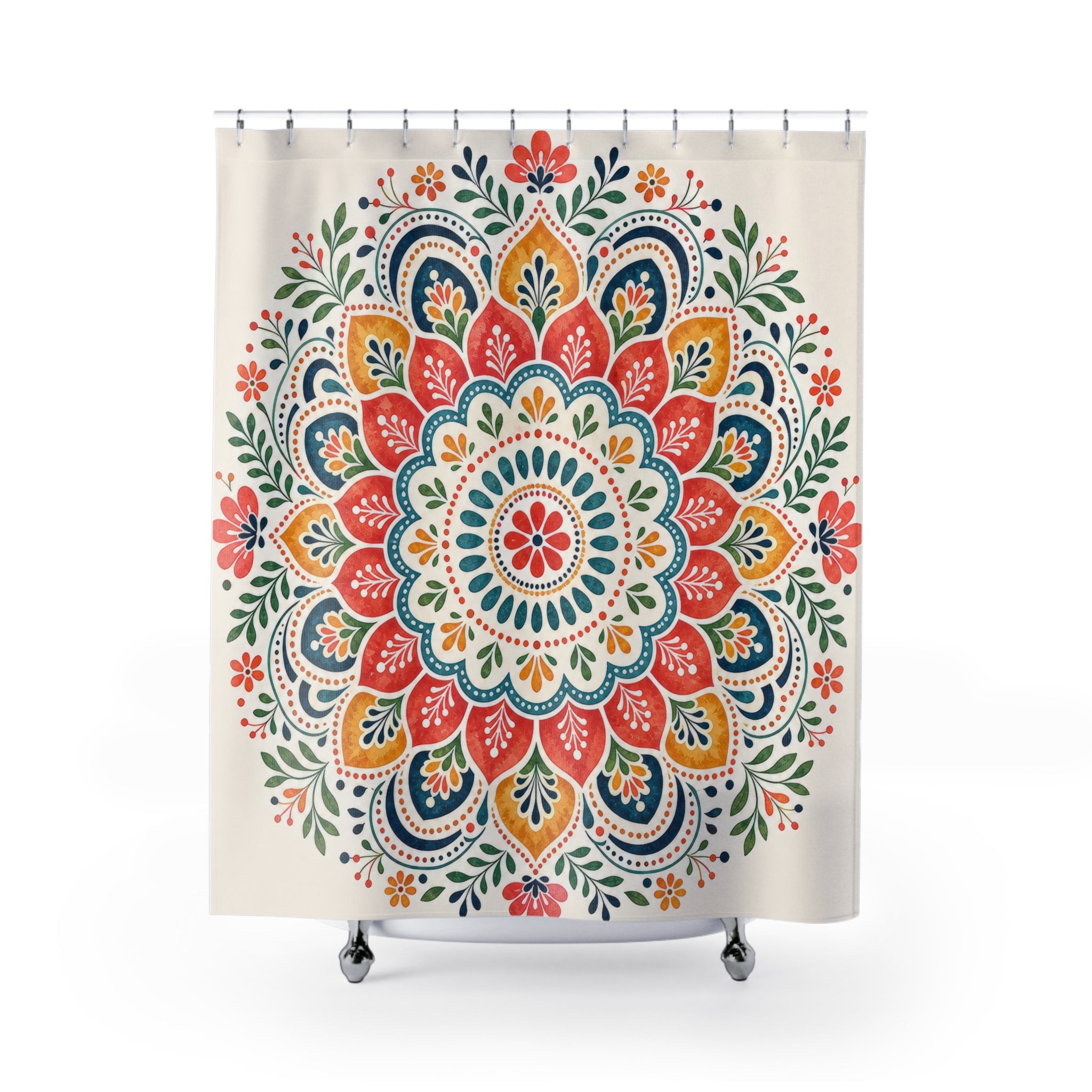 Orange Teal Floral Medallion Shower Curtain