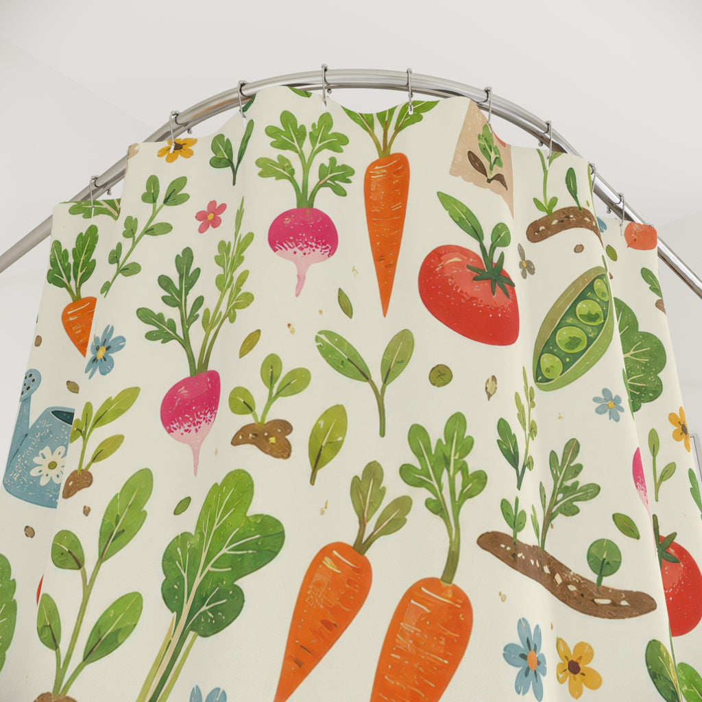 Kids Garden Shower Curtain, Vegetable Tomato Carrot Pattern, Fresh Botanical Bathroom Decor, Homeschool Garden Wall Guest Bath Gift