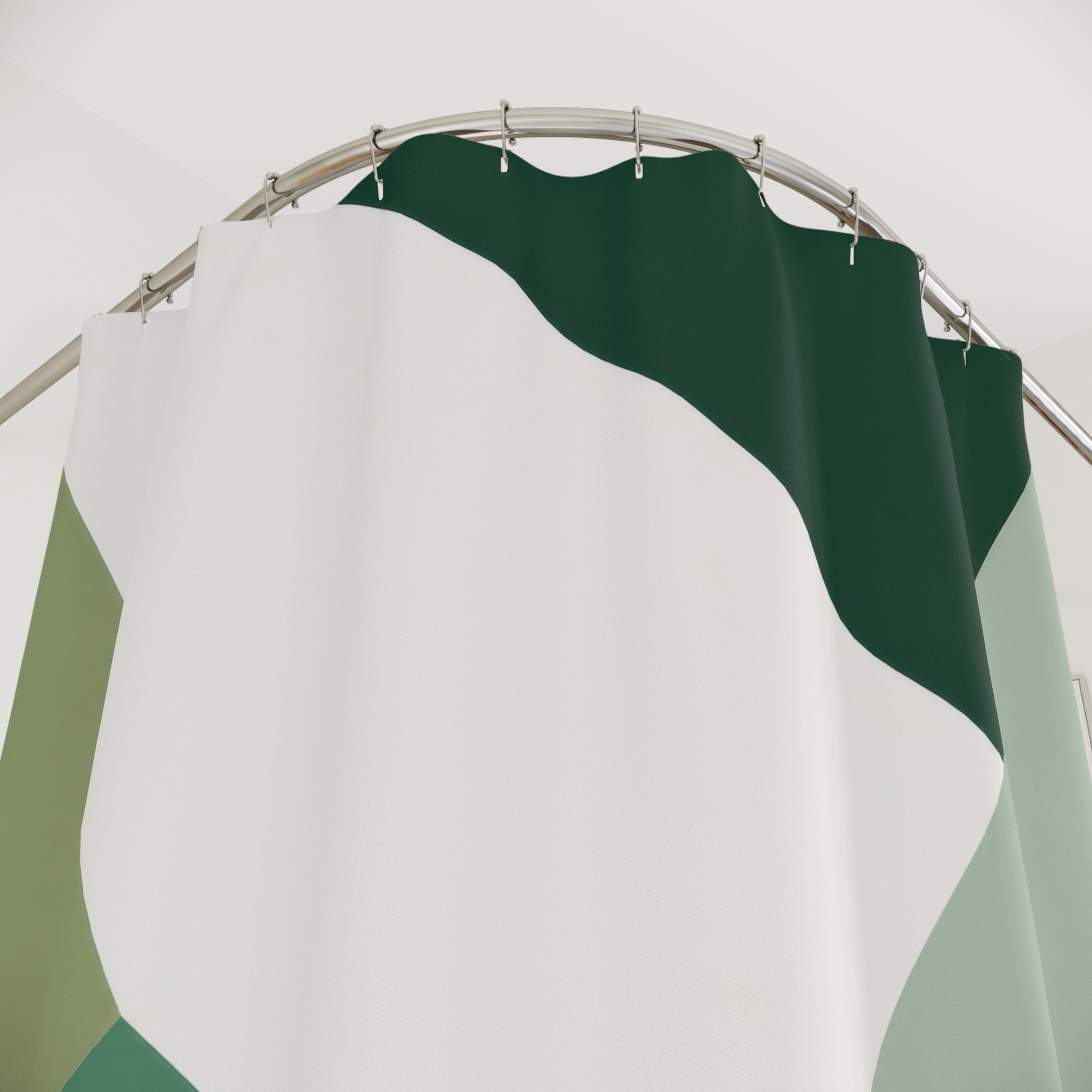 Green Geometric Shower Curtain, White Triangle Bath Decor, Faceted Abstract Pattern, Modern Guest Bathroom Decor, Sage Style Decor