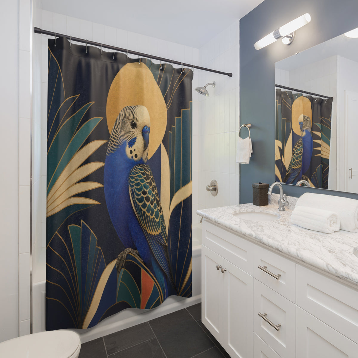 Cobalt Art Deco Parakeet shower curtain beside a white vanity