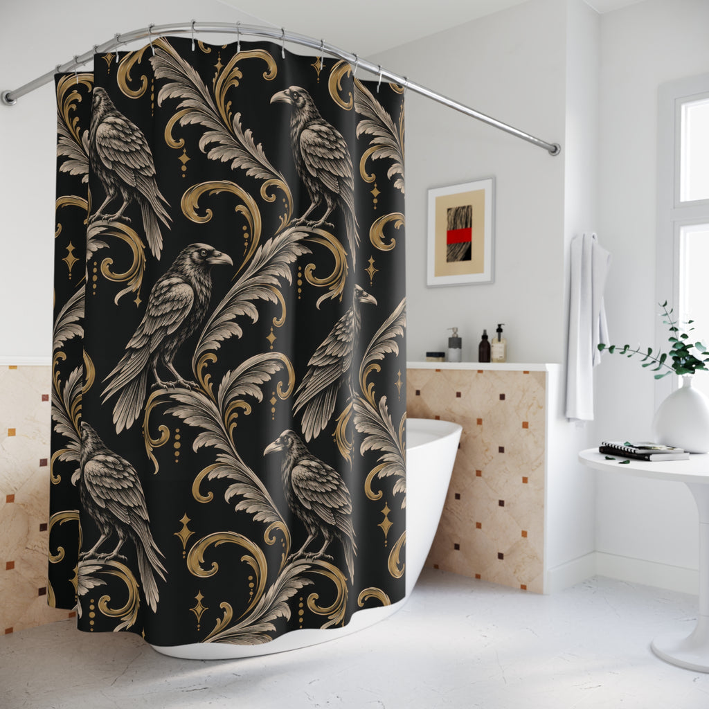 Ivory raven linework and gold-tone scrolls on black shower curtain beside a freestanding tub