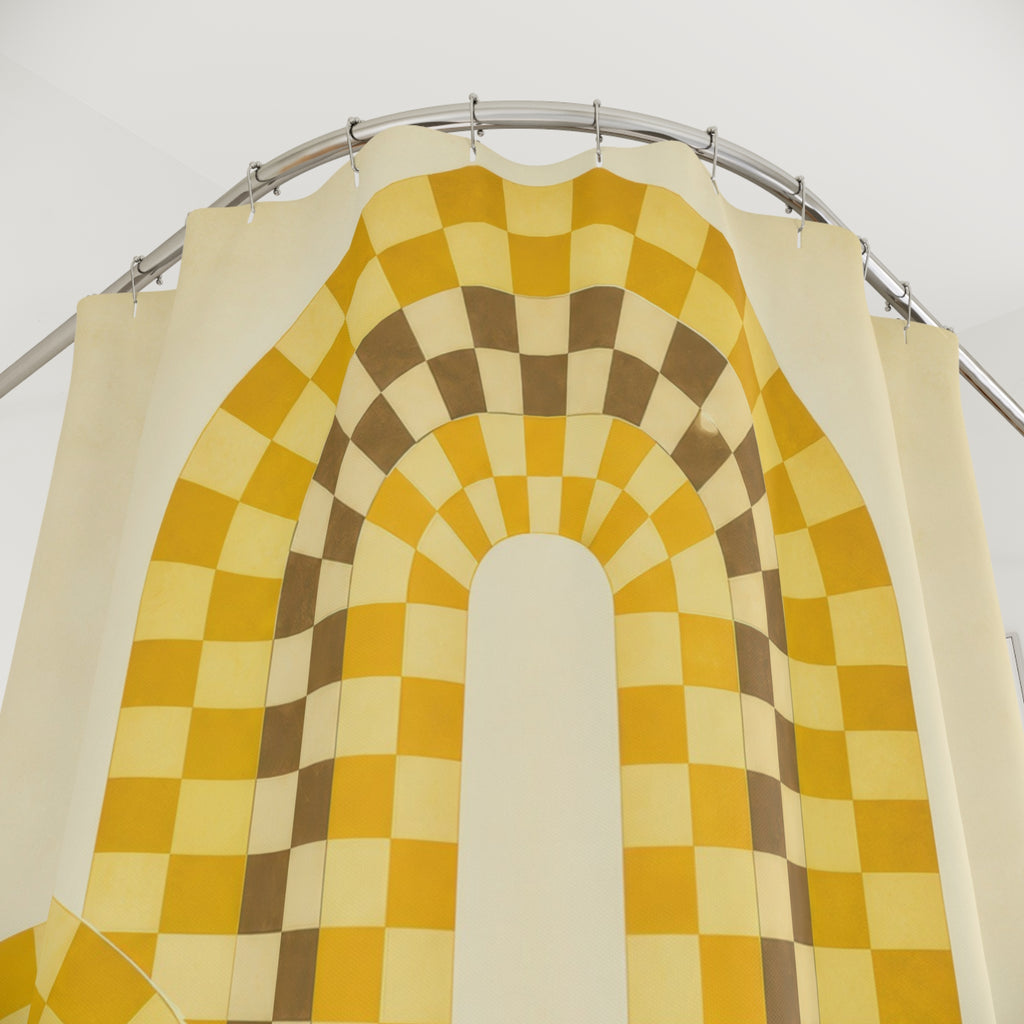 Mustard yellow checker arches on cream shower curtain with close-up print, hooks, and folds
