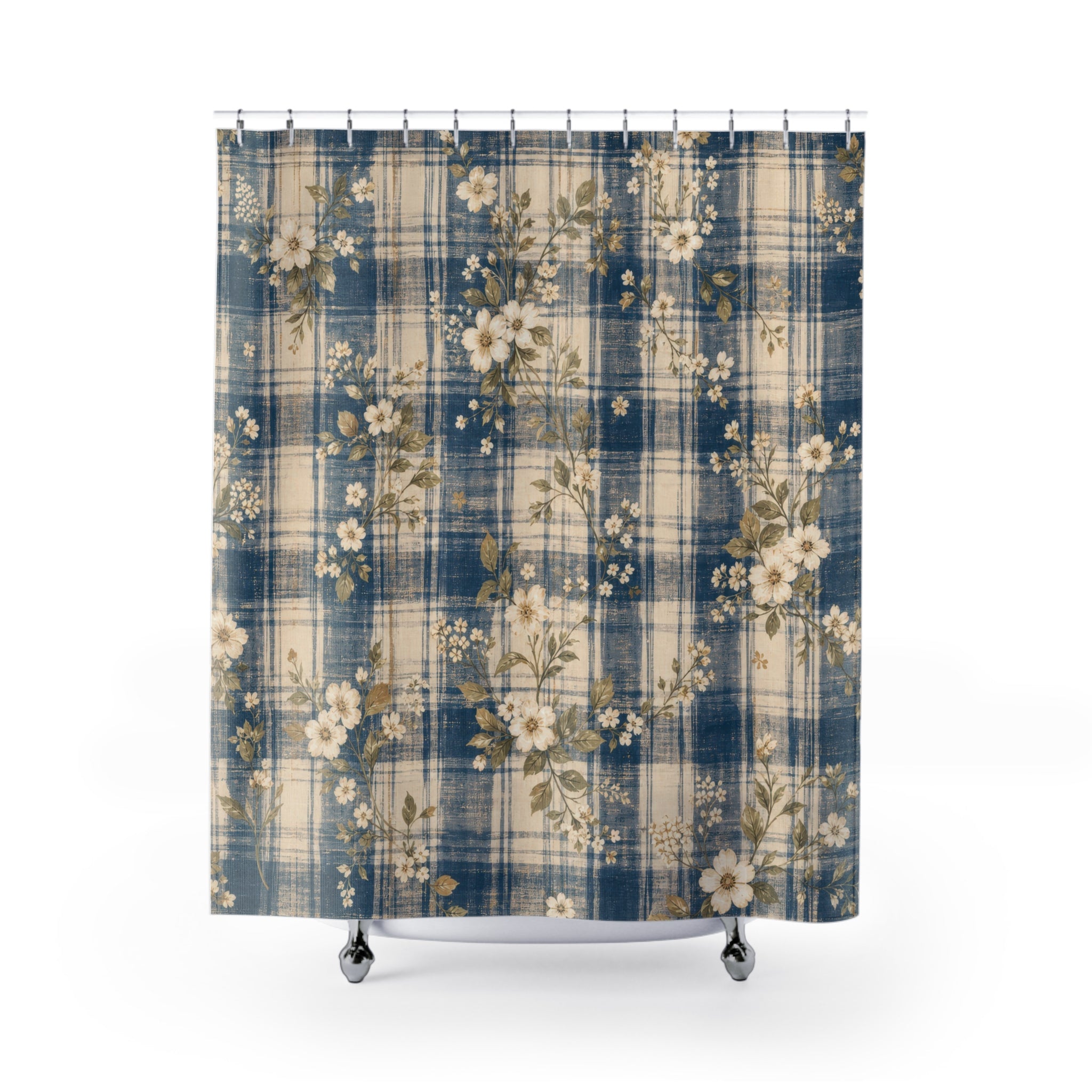 Blue Country Floral Check Shower Curtain