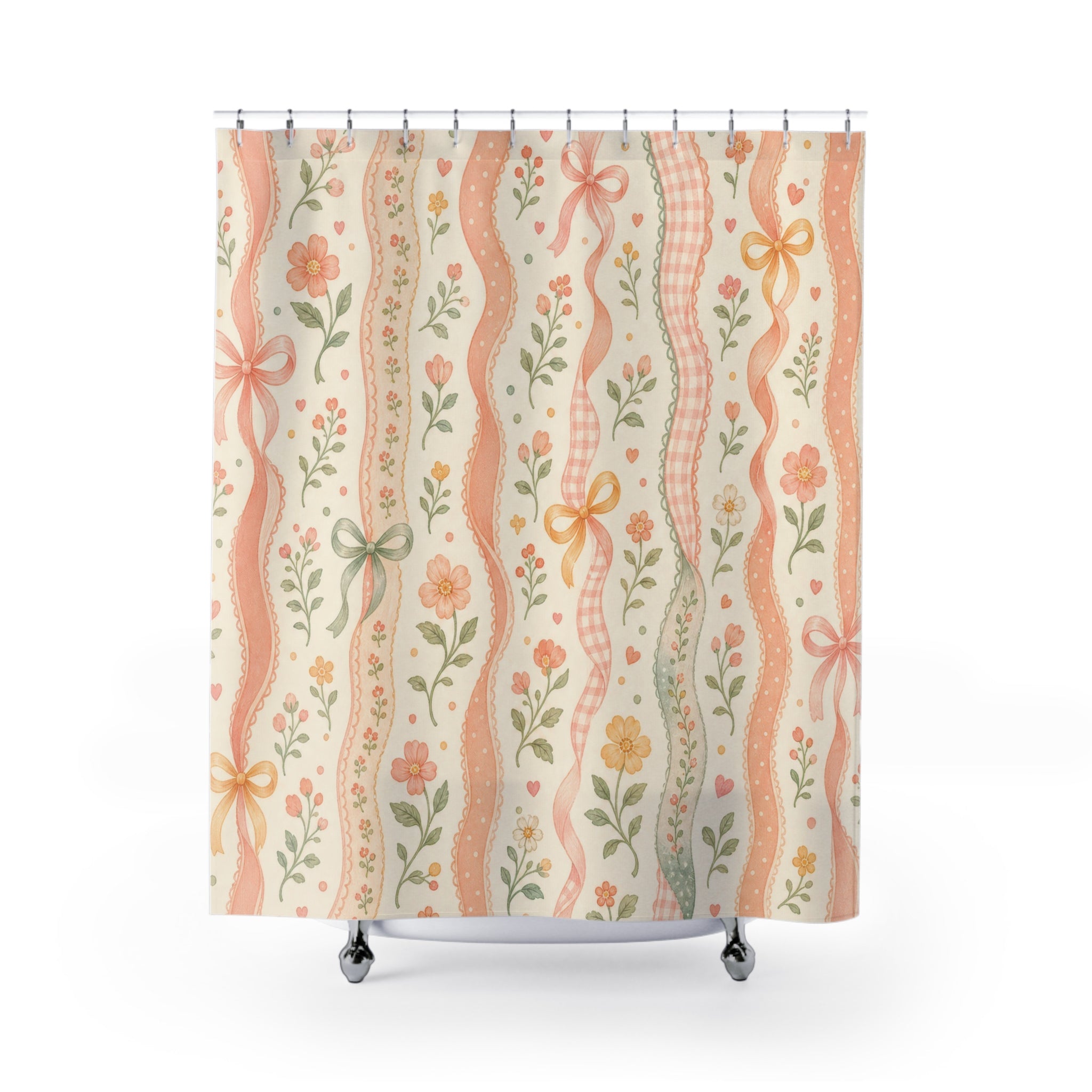 Cute Wavy Floral Stripe Pink Shower Curtain