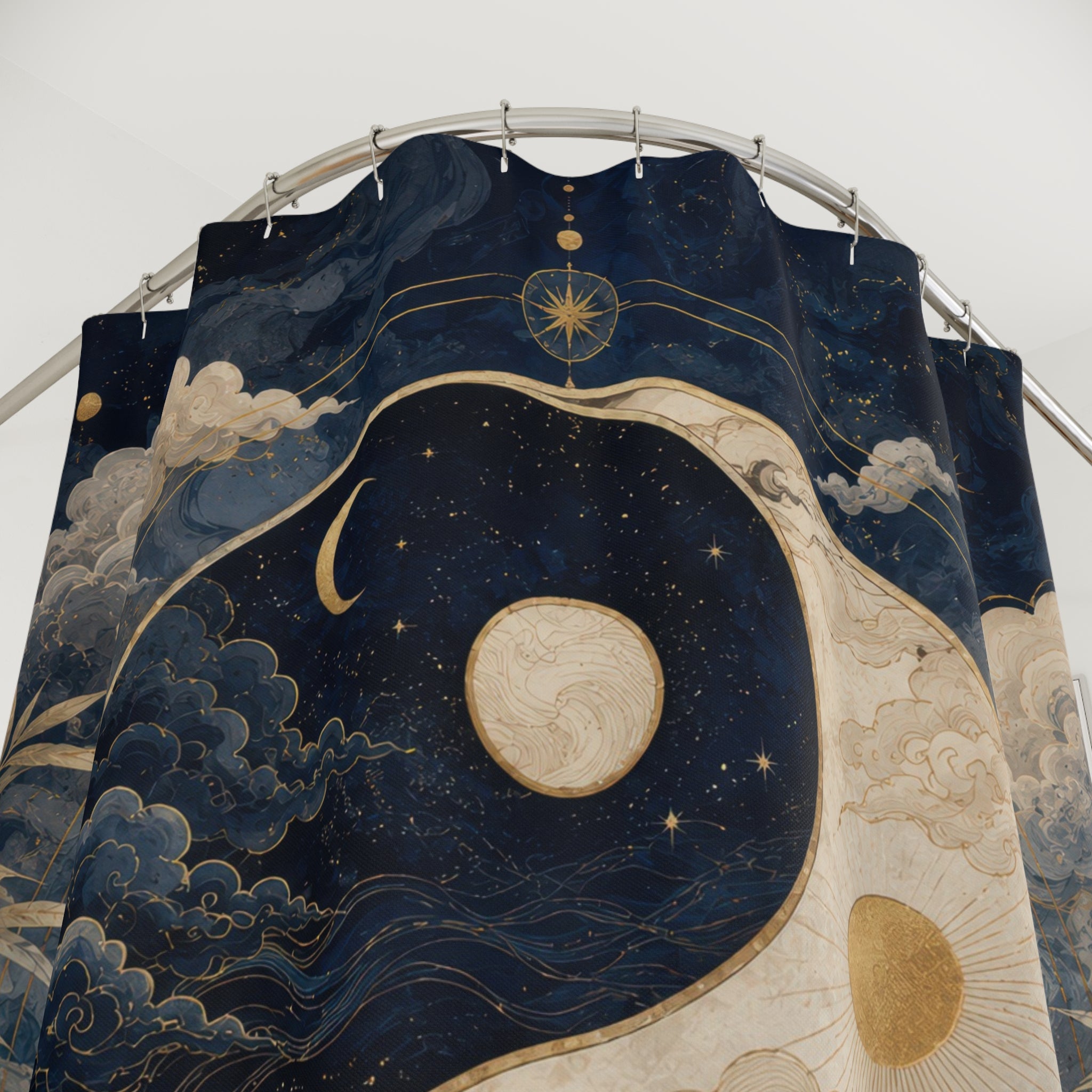 Yin Yang Shower Curtain: Celestial Navy Gold