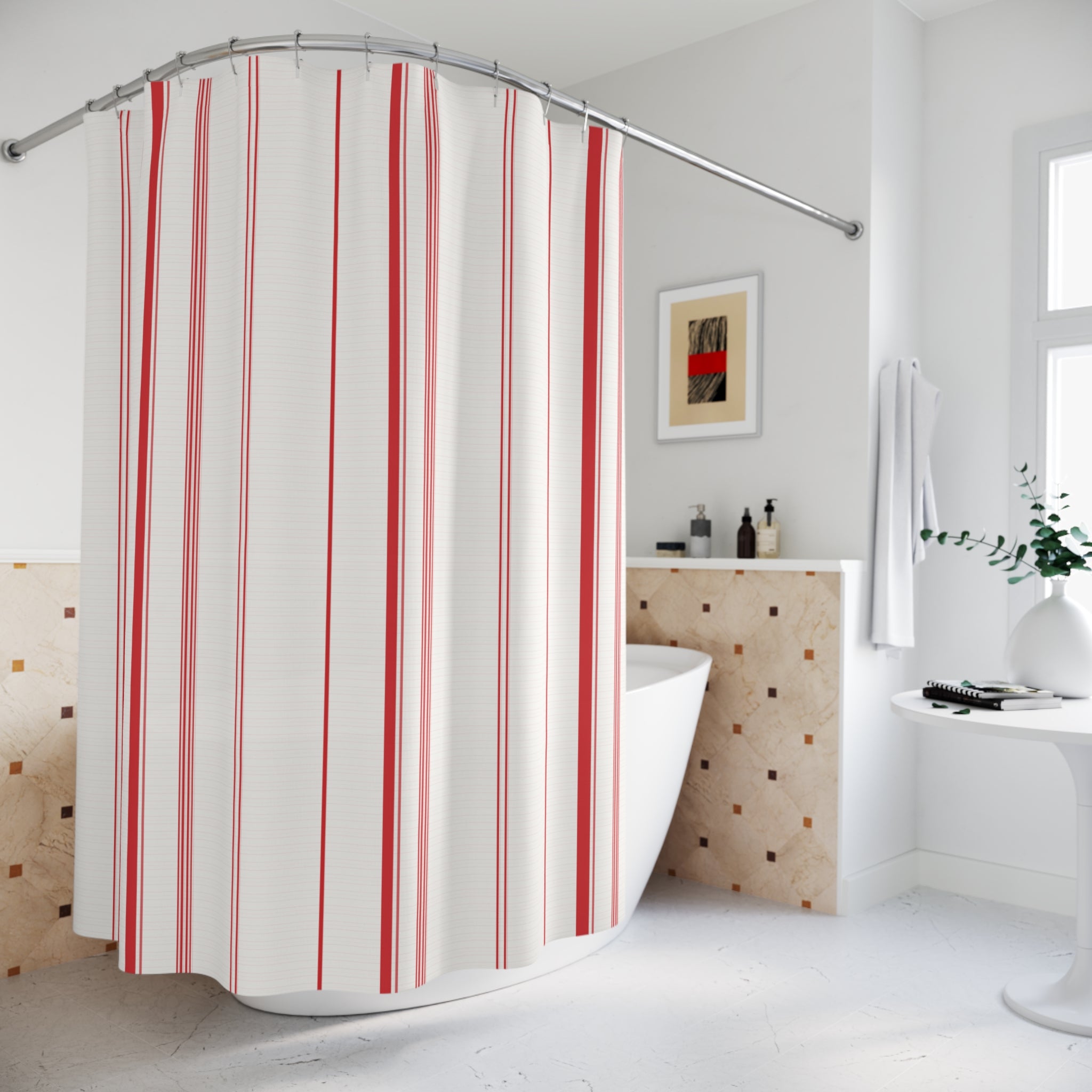 Red White Fine Ticking Stripe Shower Curtain
