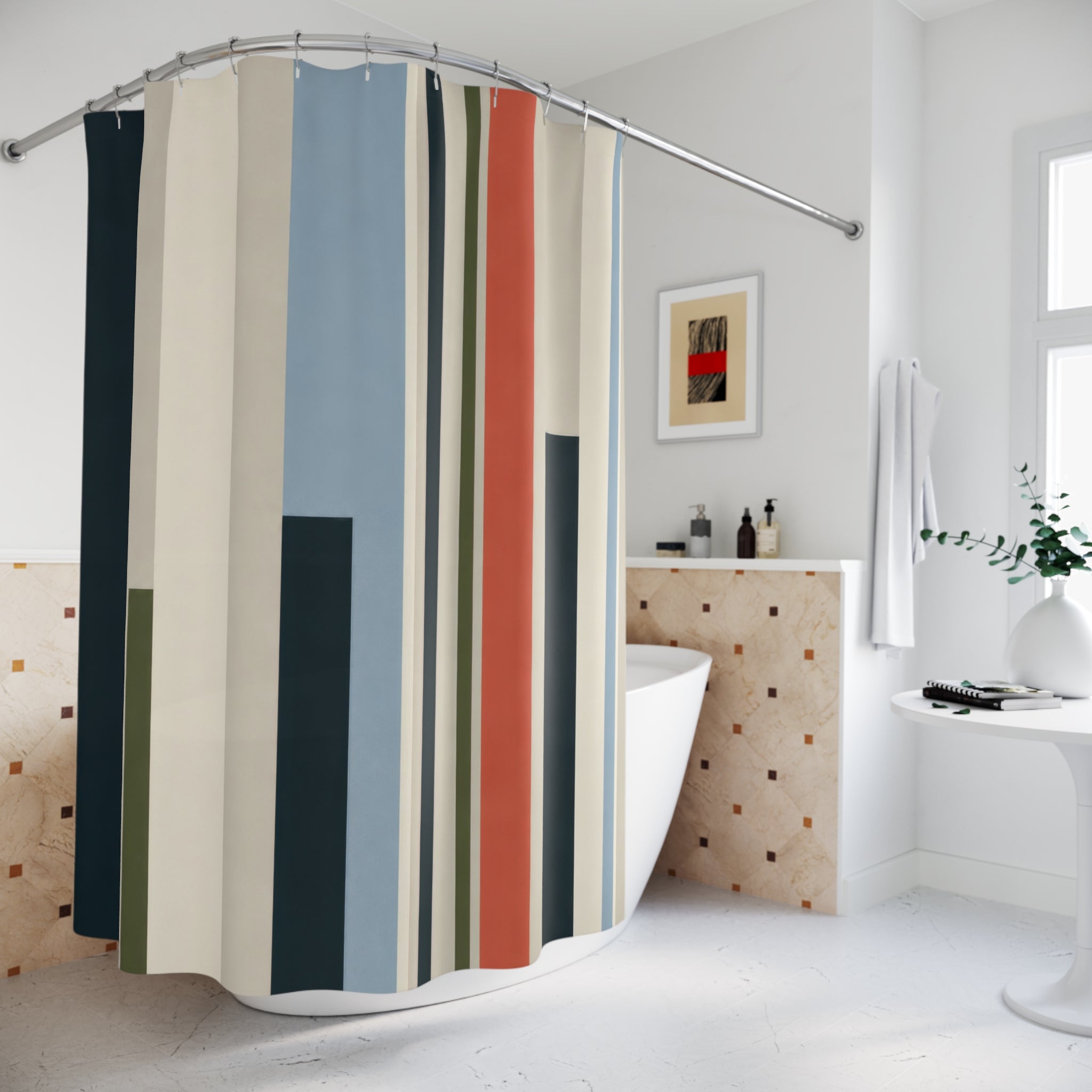 Teal Navy Color Block Stripe Shower Curtain