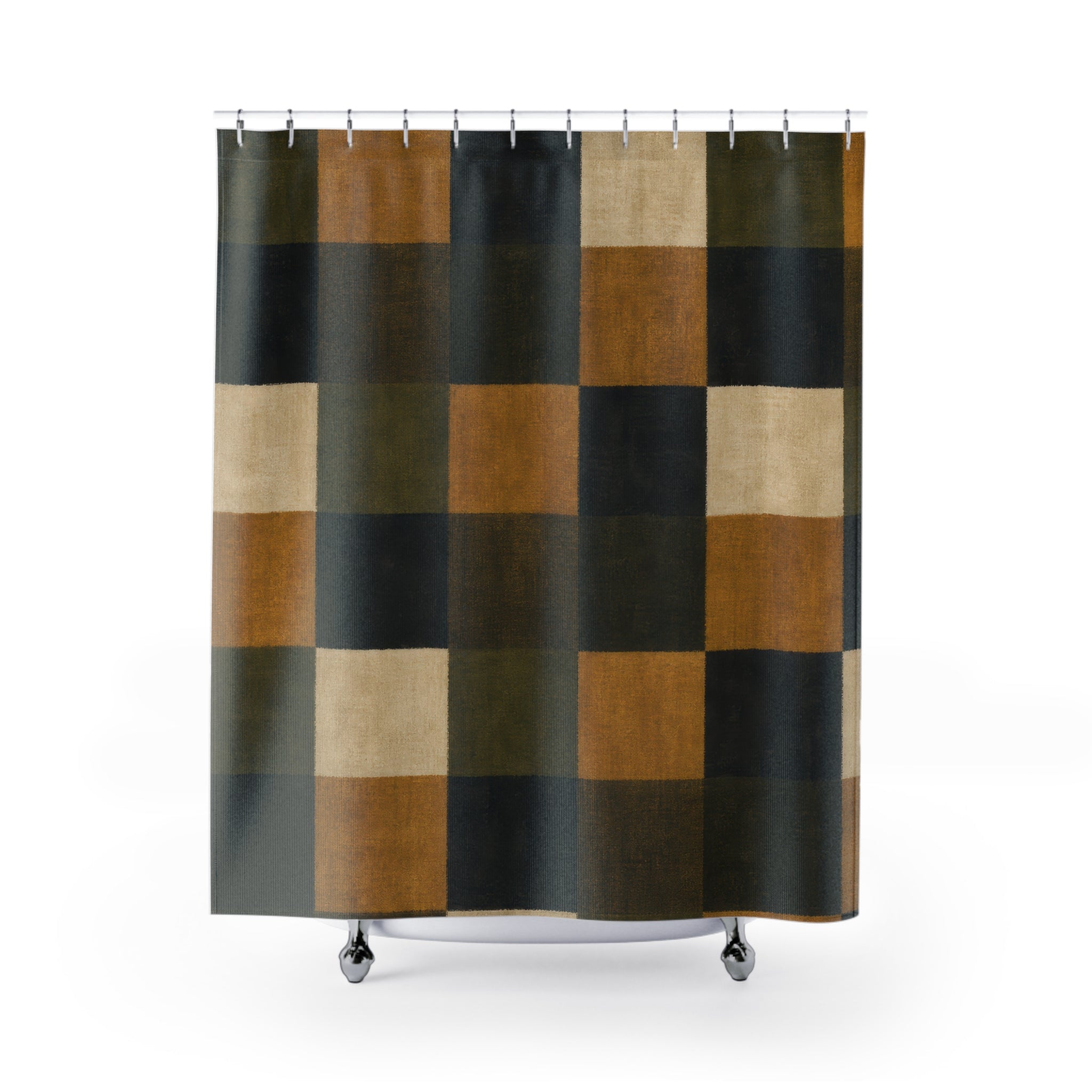 Green Plaid Shower Curtain, Brown Gold Farmhouse Bath Decor, Dark Olive Checkered Pattern, Rustic Earth Tone Guest Bathroom Decor Style