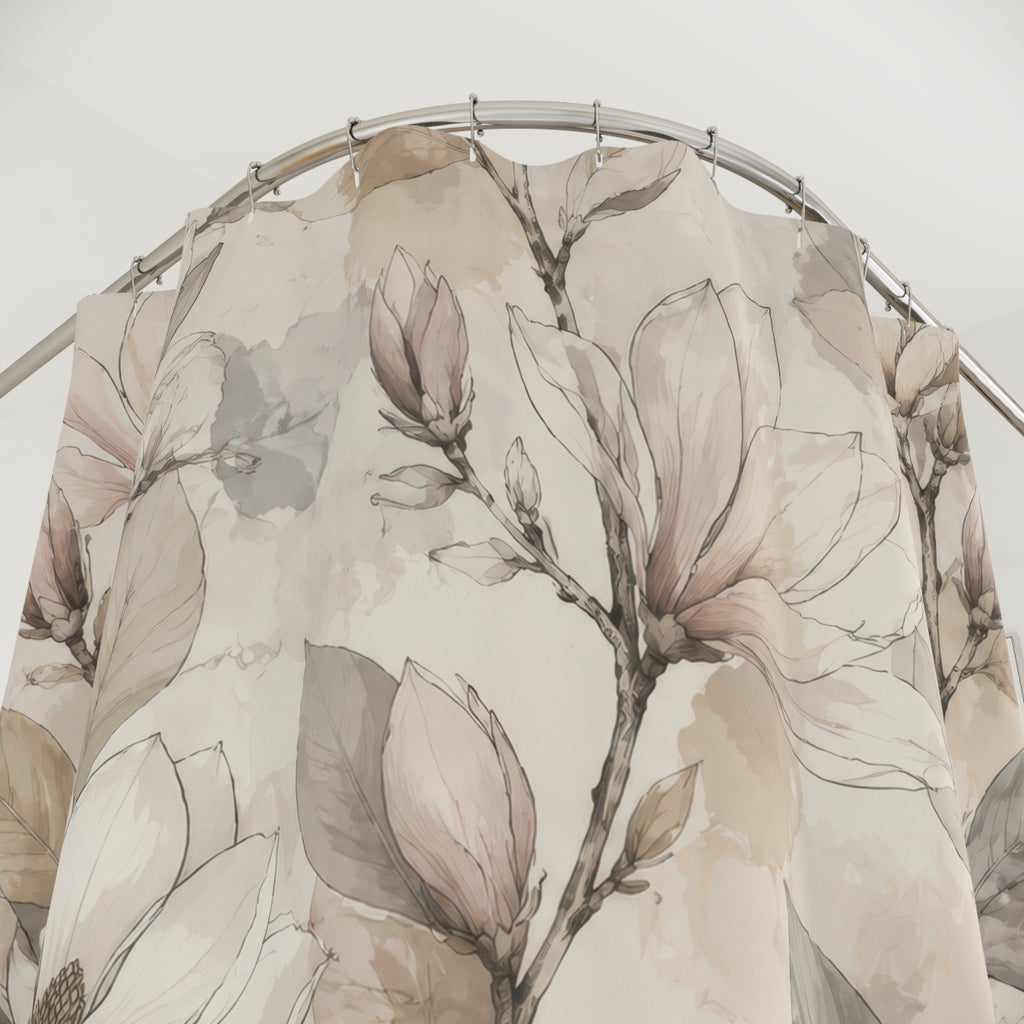 Neutral beige blush magnolia botanical line art shower curtain with close-up print, hooks, and folds