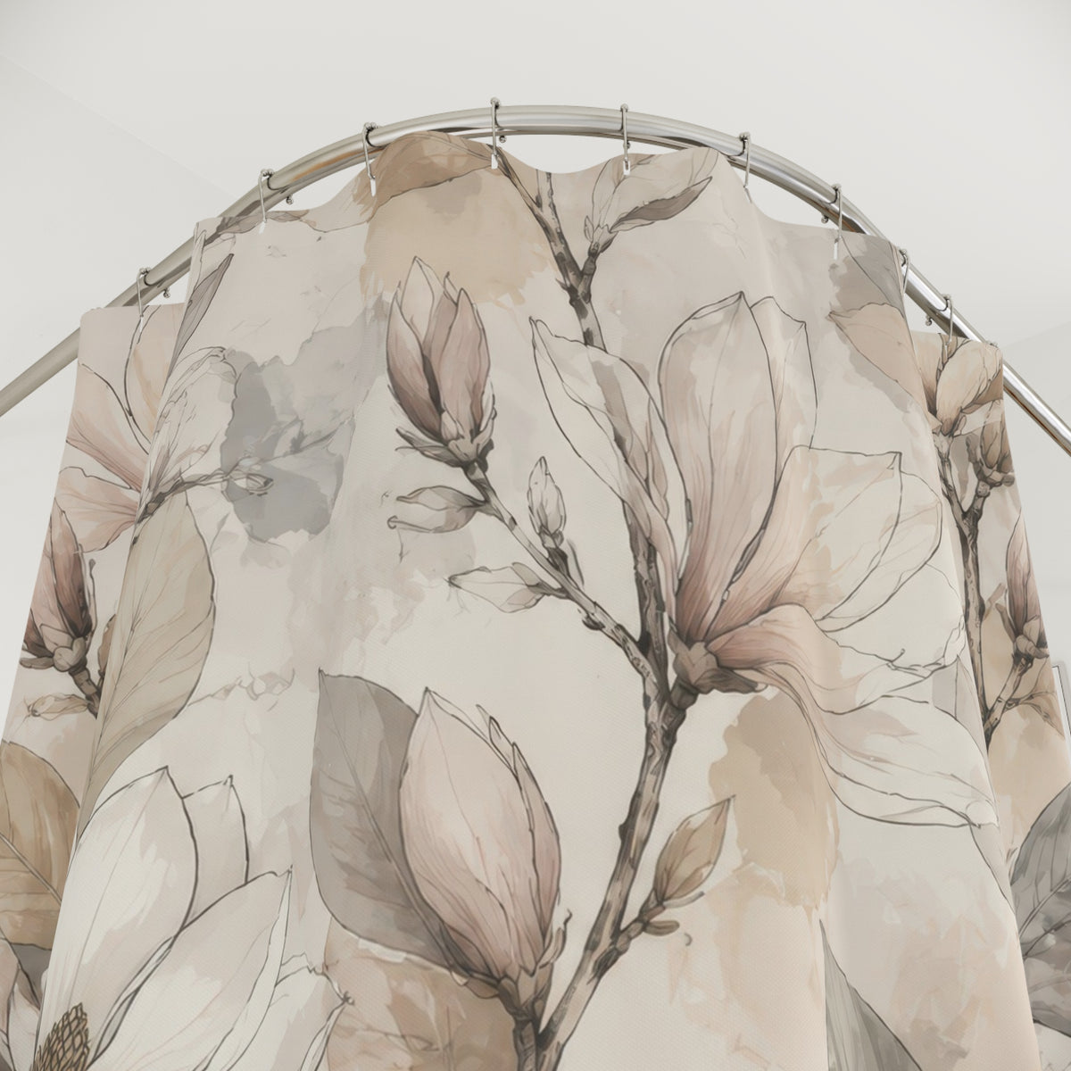 Neutral beige blush magnolia botanical line art shower curtain with close-up print, hooks, and folds