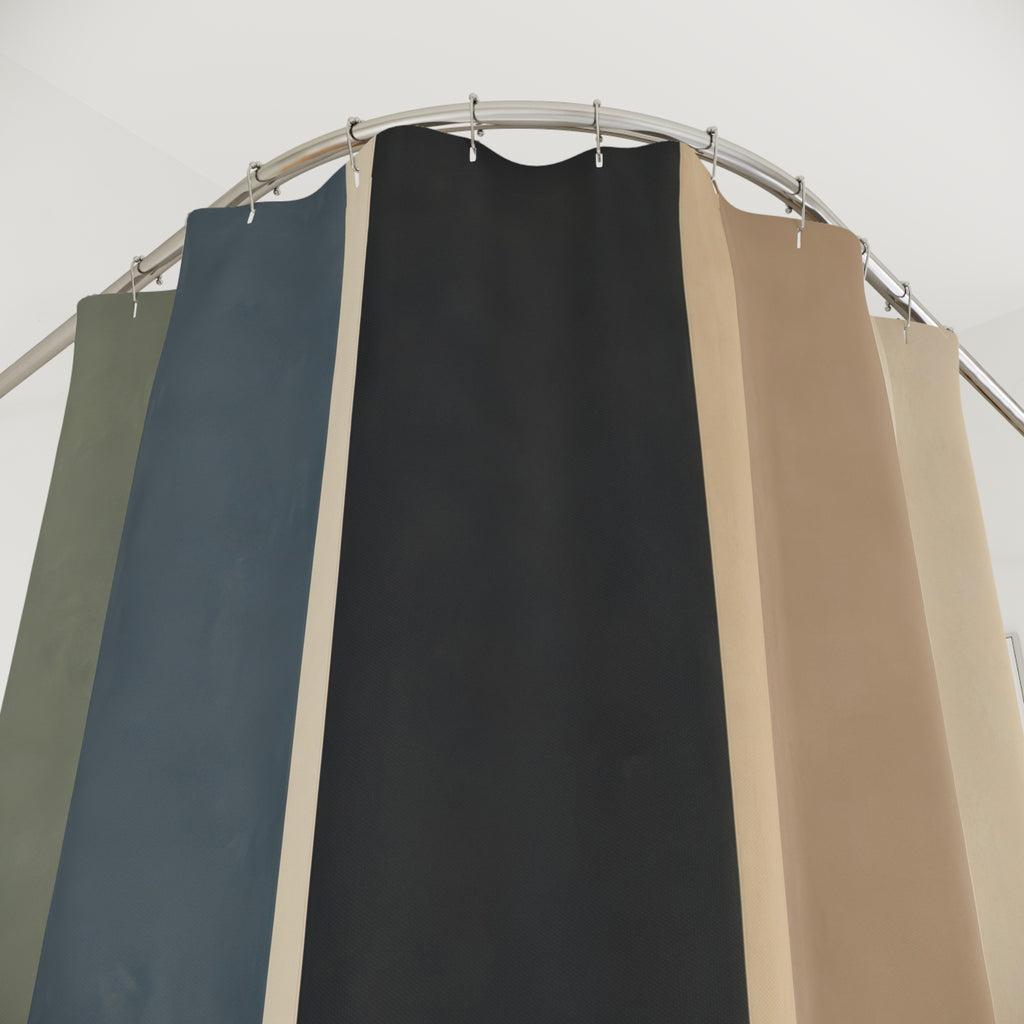 Wide vertical stripes in sage blue charcoal tan and cream shower curtain with close-up print, hooks, and folds