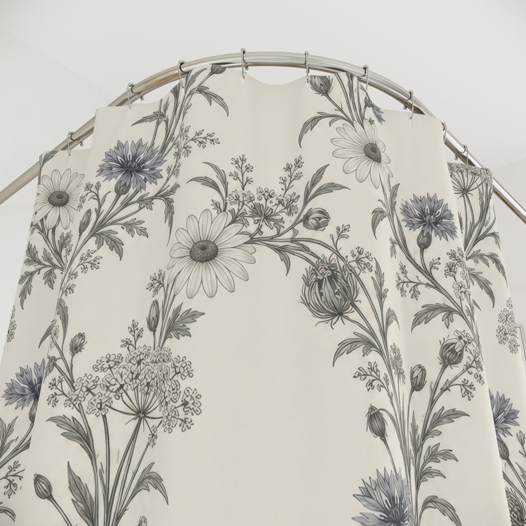 Grey daisies and cornflowers in airy garlands on ivory shower curtain with close-up print, hooks, and folds
