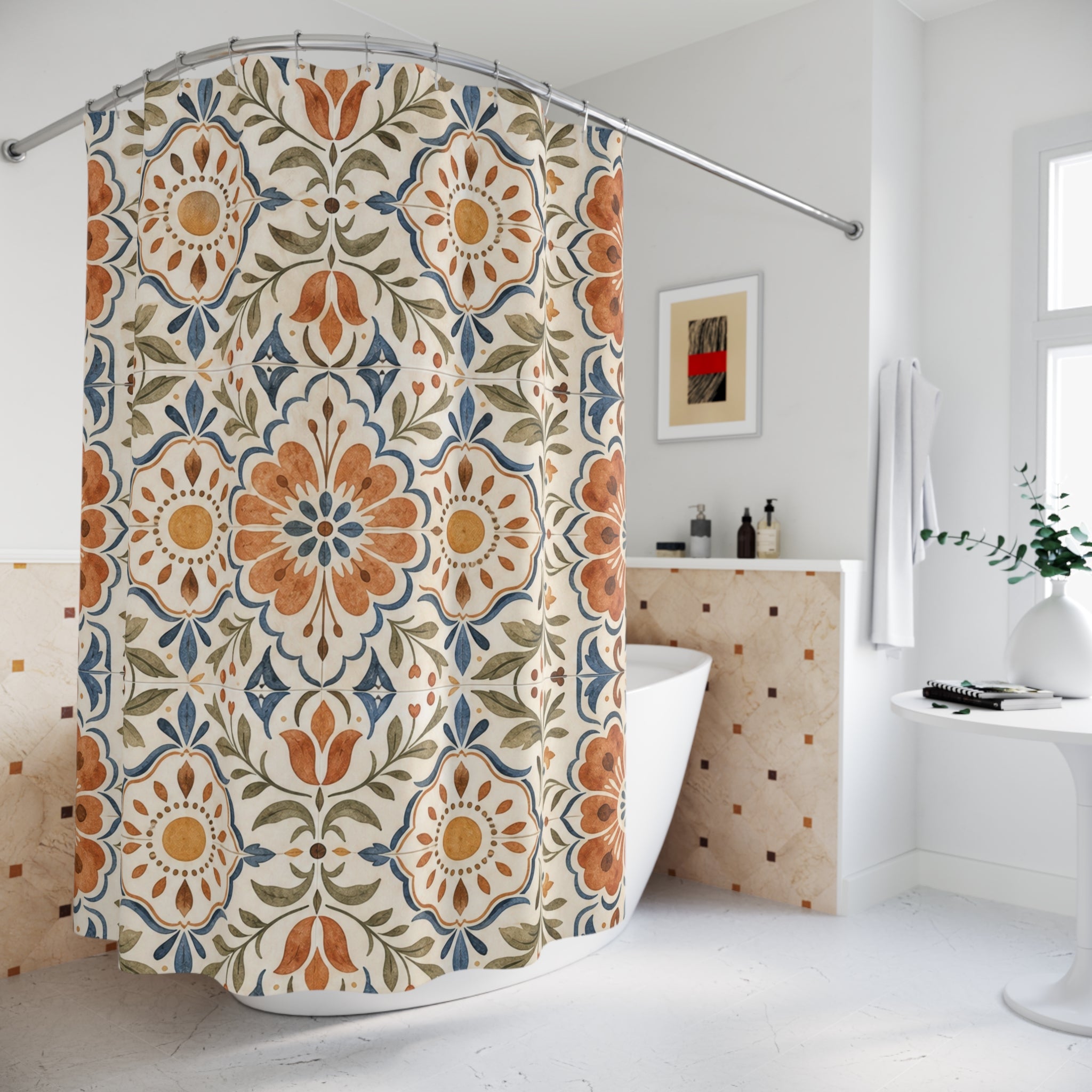 Terracotta Blue Boho Tile Shower Curtain