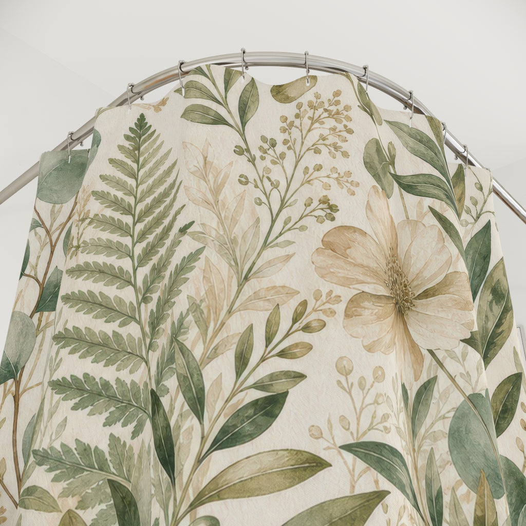 Green and Beige Shower Curtain: Botanical Leaf Pattern