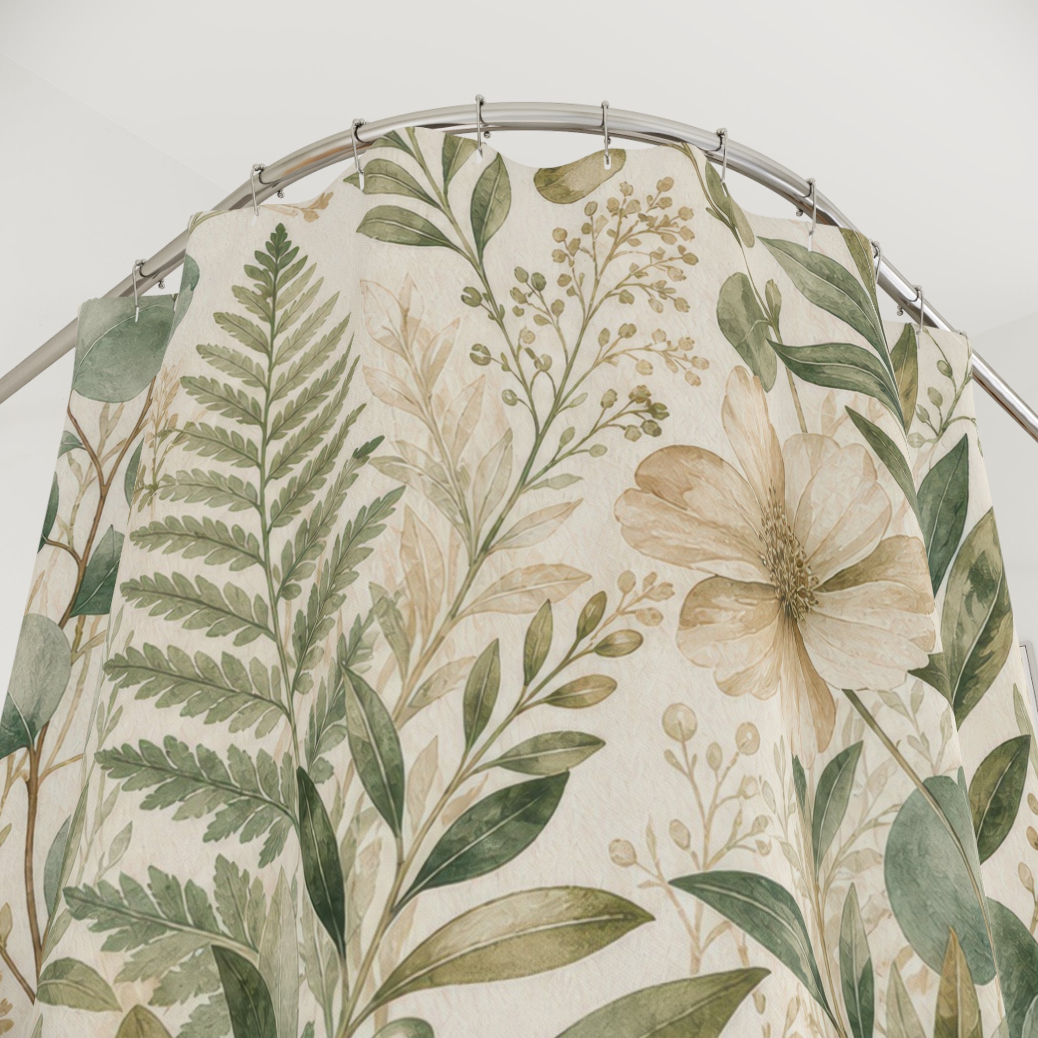 Green and Beige Shower Curtain: Botanical Leaf Pattern