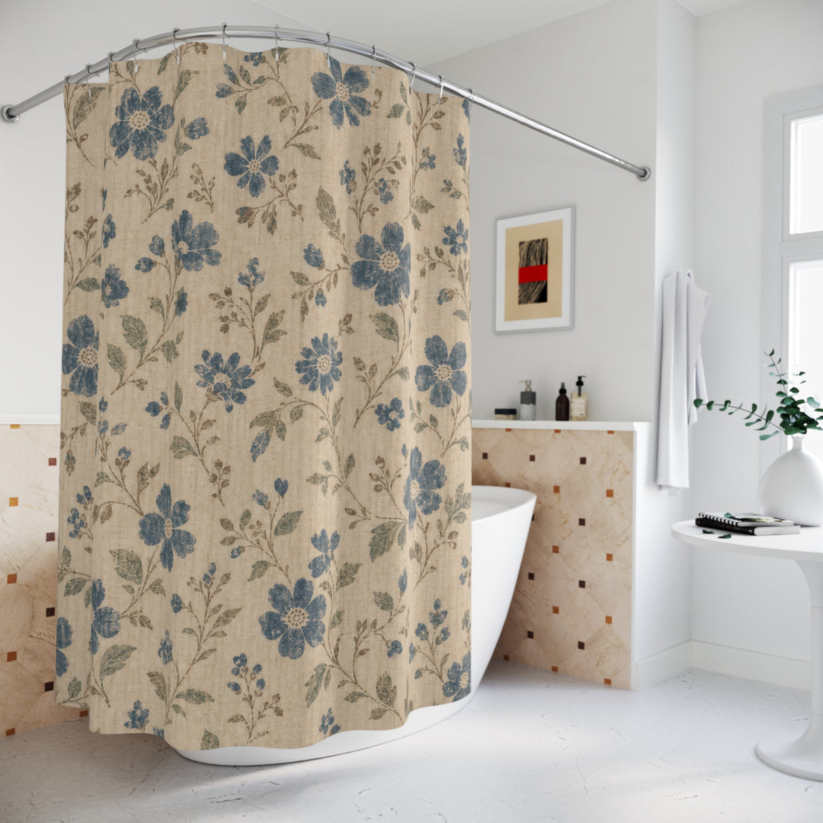 Vintage Farmhouse Blue Floral Shower Curtain