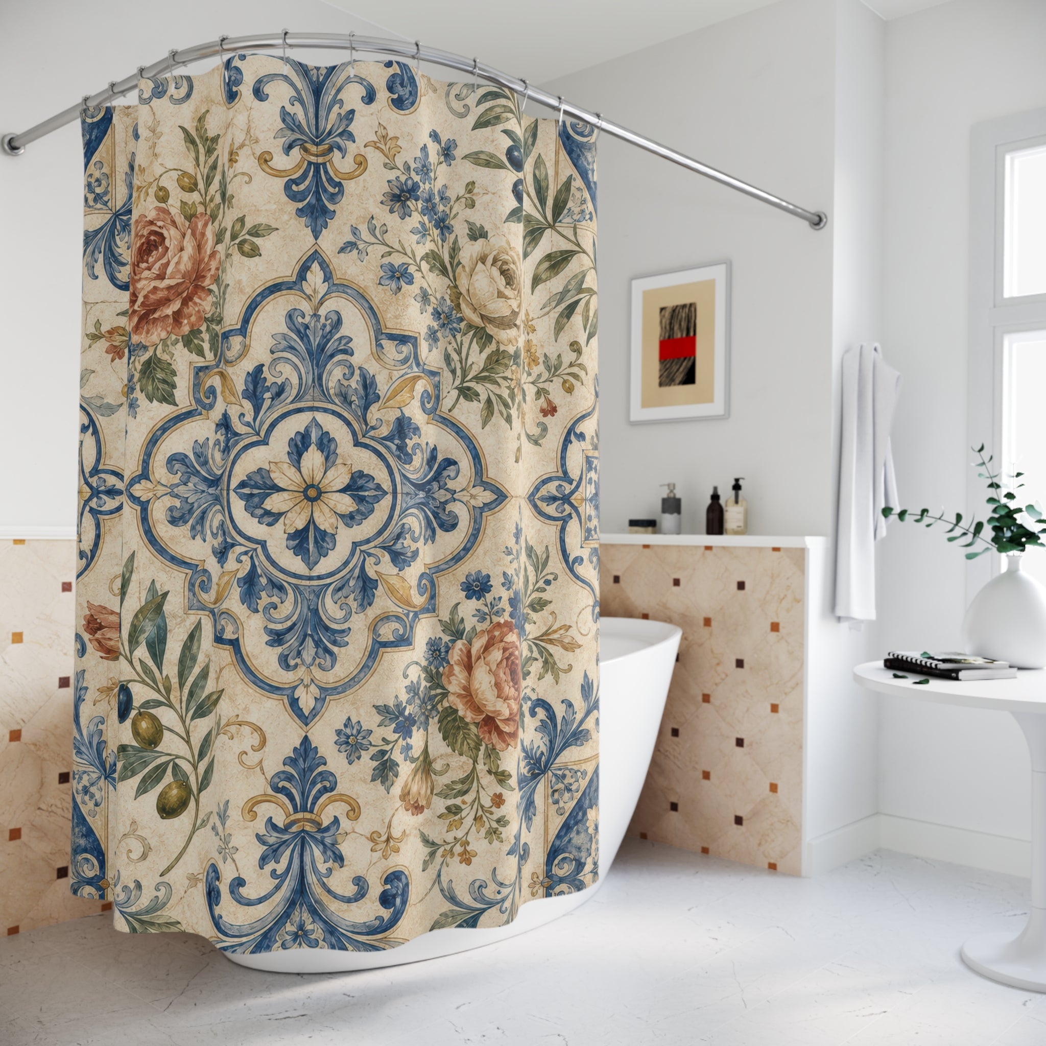 European Shower Curtain: Blue Cream Floral Tile Pattern