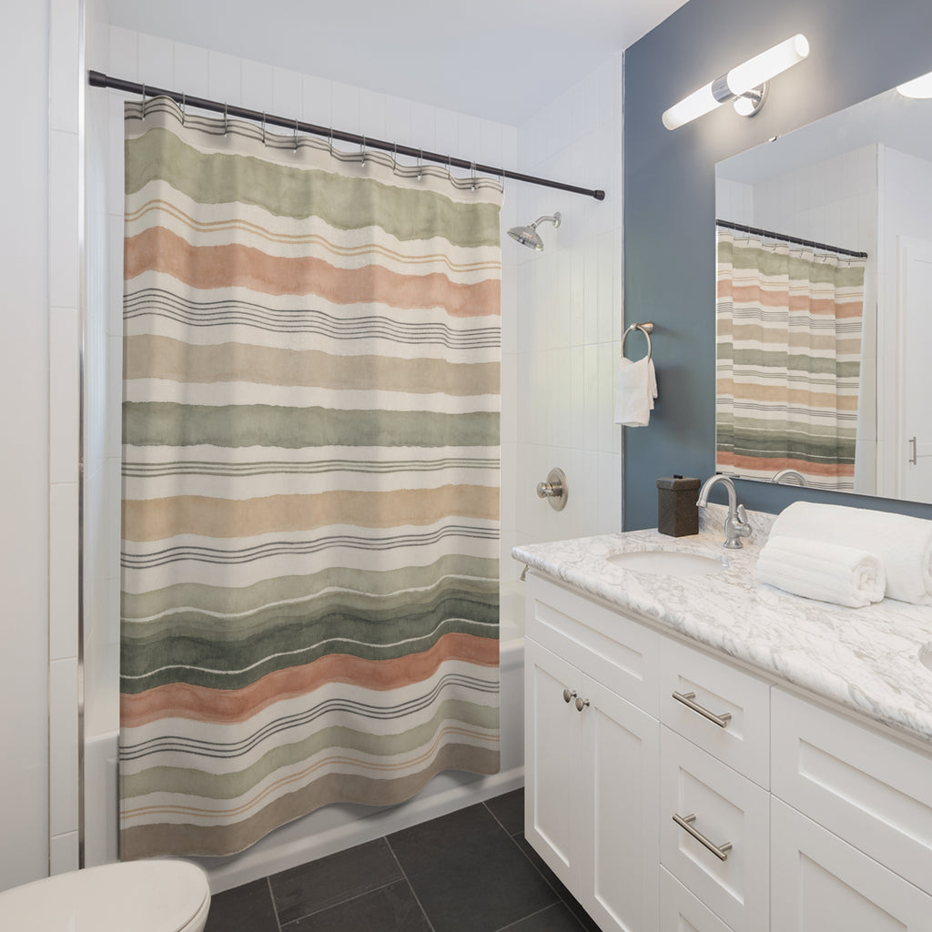 Terracotta Mauve Mustard Stripe Shower Curtain