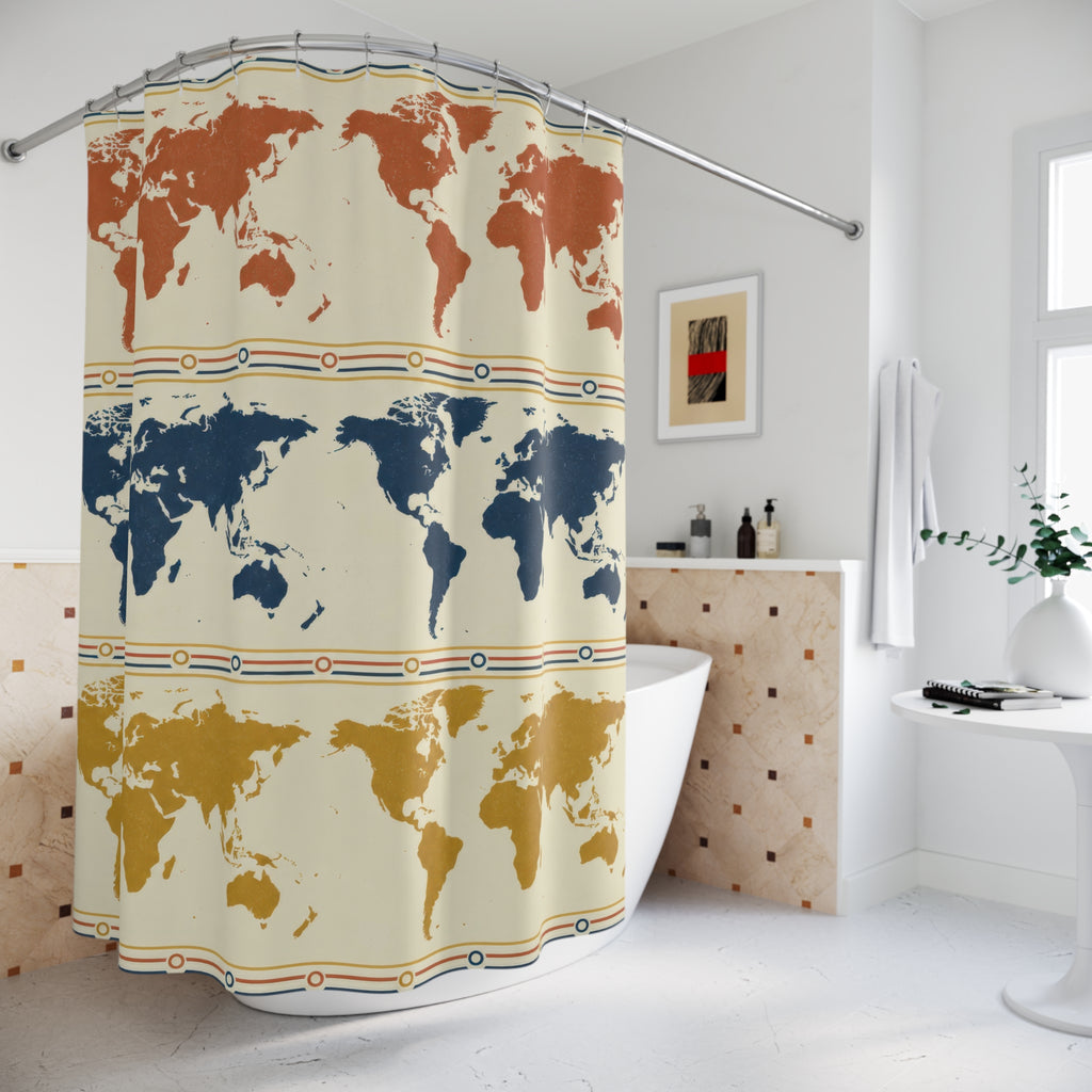 Rust, navy and mustard world maps in repeating rows shower curtain beside a freestanding tub