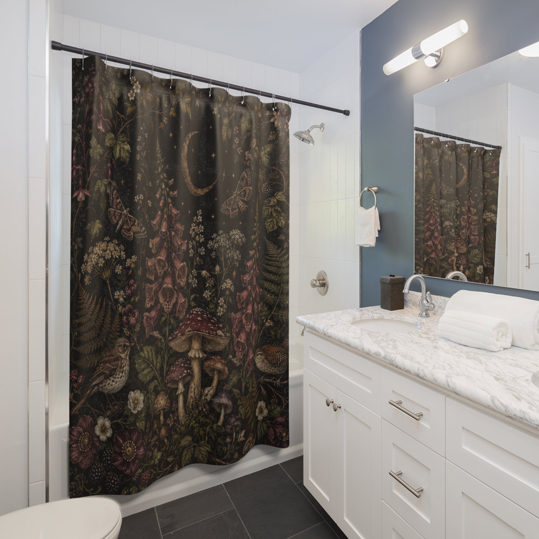 Dark Cottagecore Shower Curtain: Moonlit Mushrooms