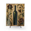 Green wine bottle framed by scrolling flowers and vines shower curtain with full front view