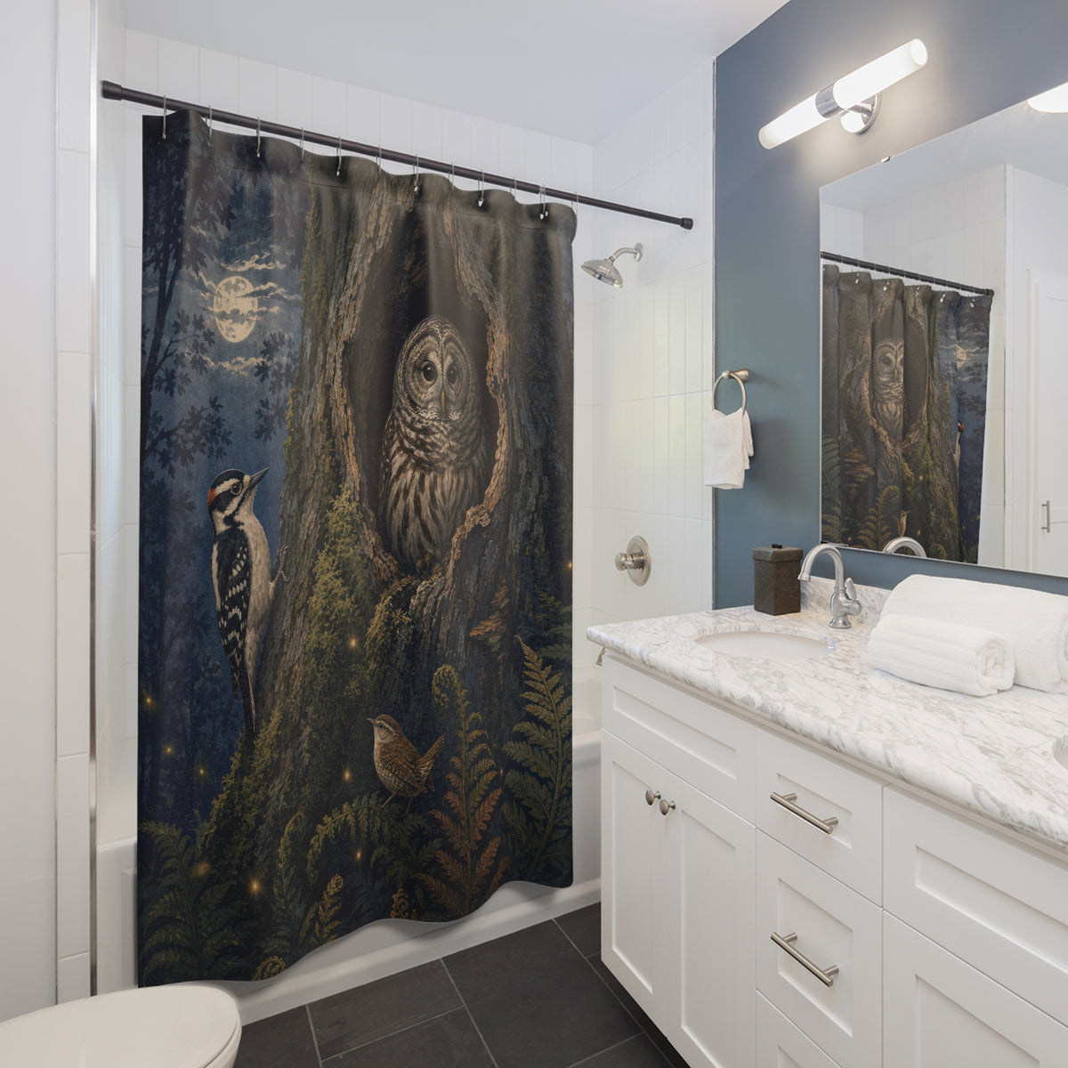 Barred owl woodpecker and wren at an oak hollow shower curtain beside a white vanity