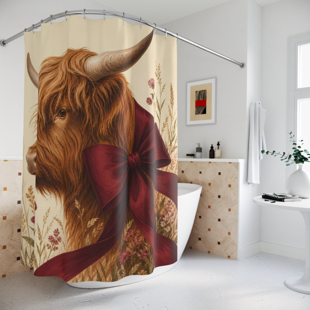 Burgundy Bow Highland Cow Shower Curtain