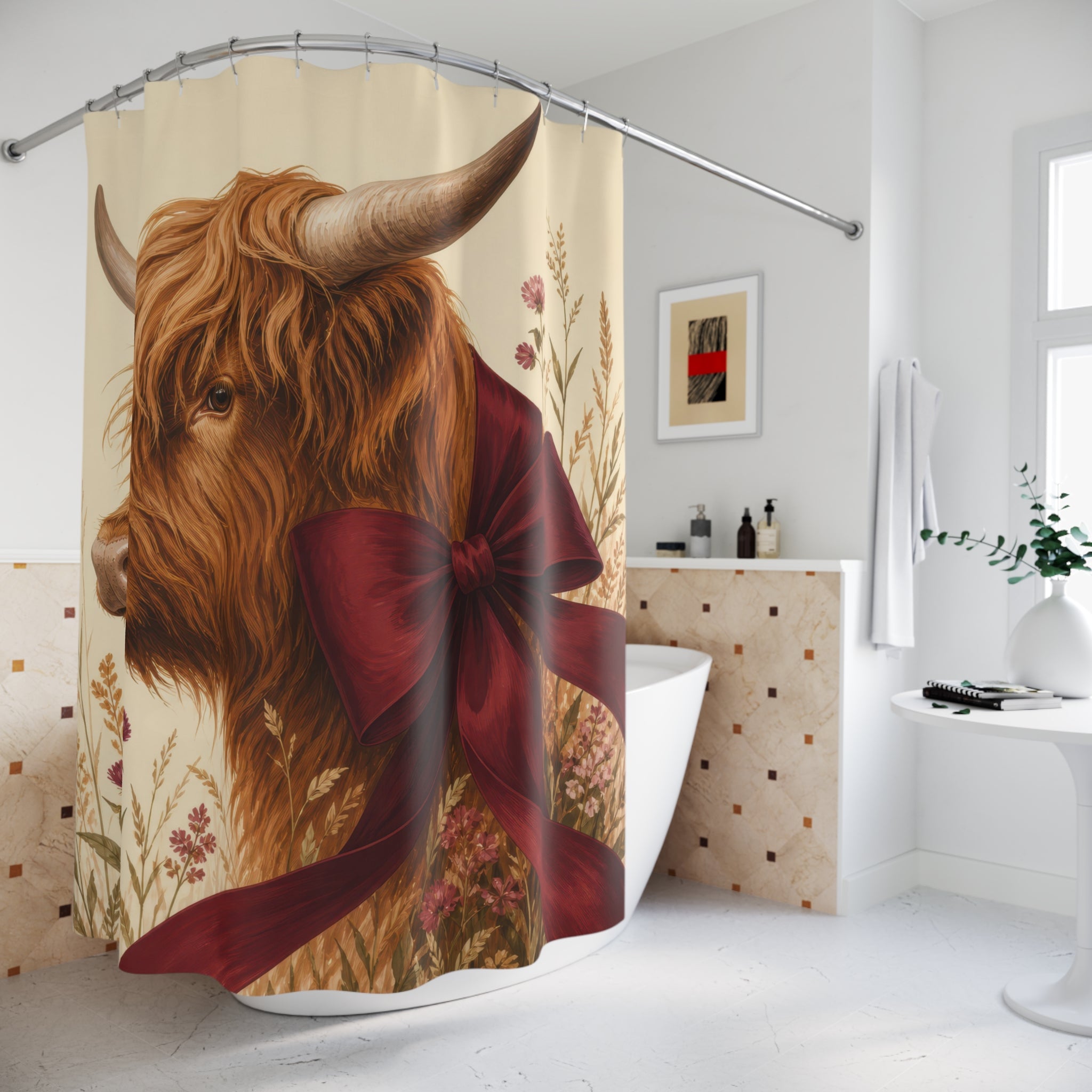 Burgundy Bow Highland Cow Shower Curtain