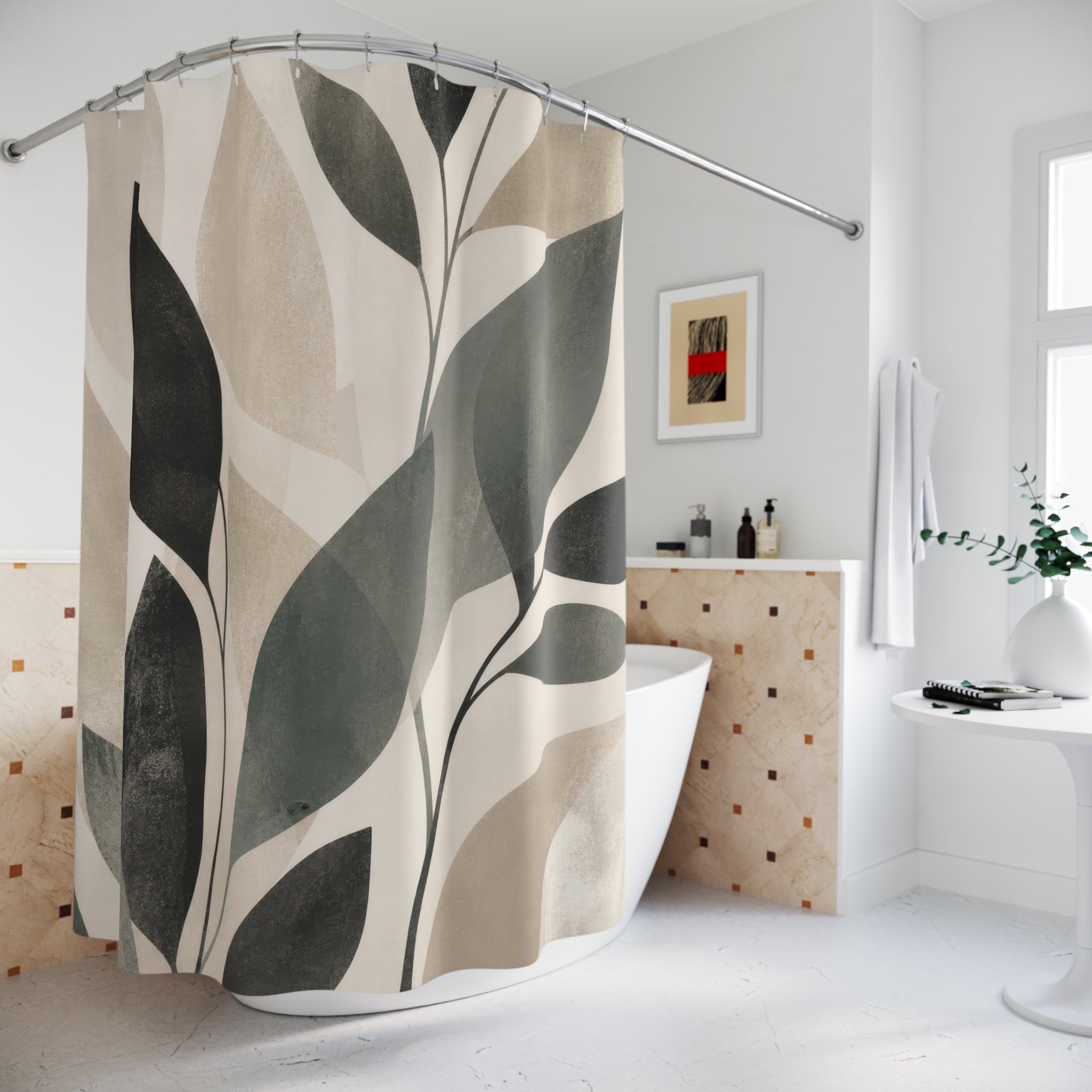 Sage Black Beige Leaf Shower Curtain