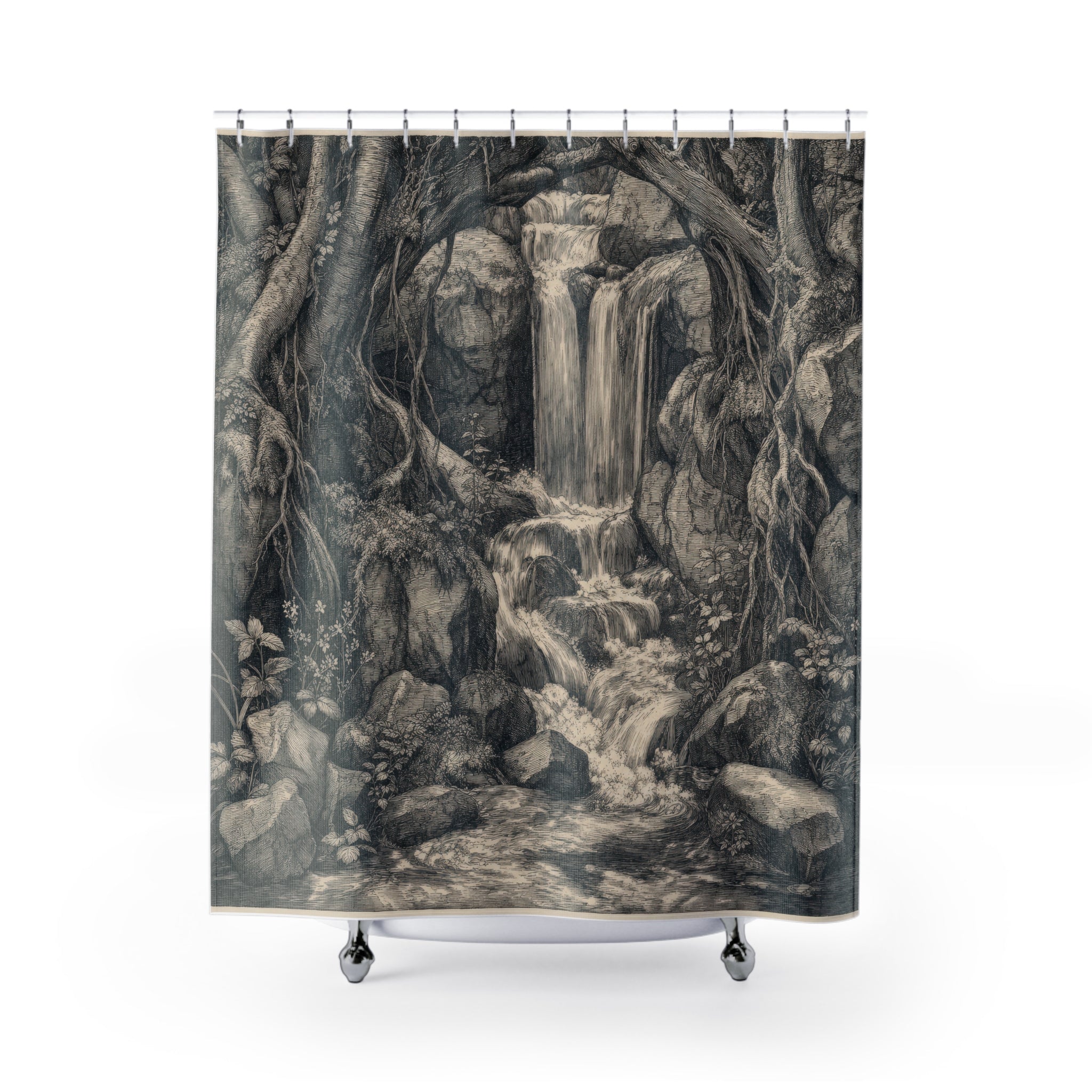 Black White Engraving Landscape Shower Curtain
