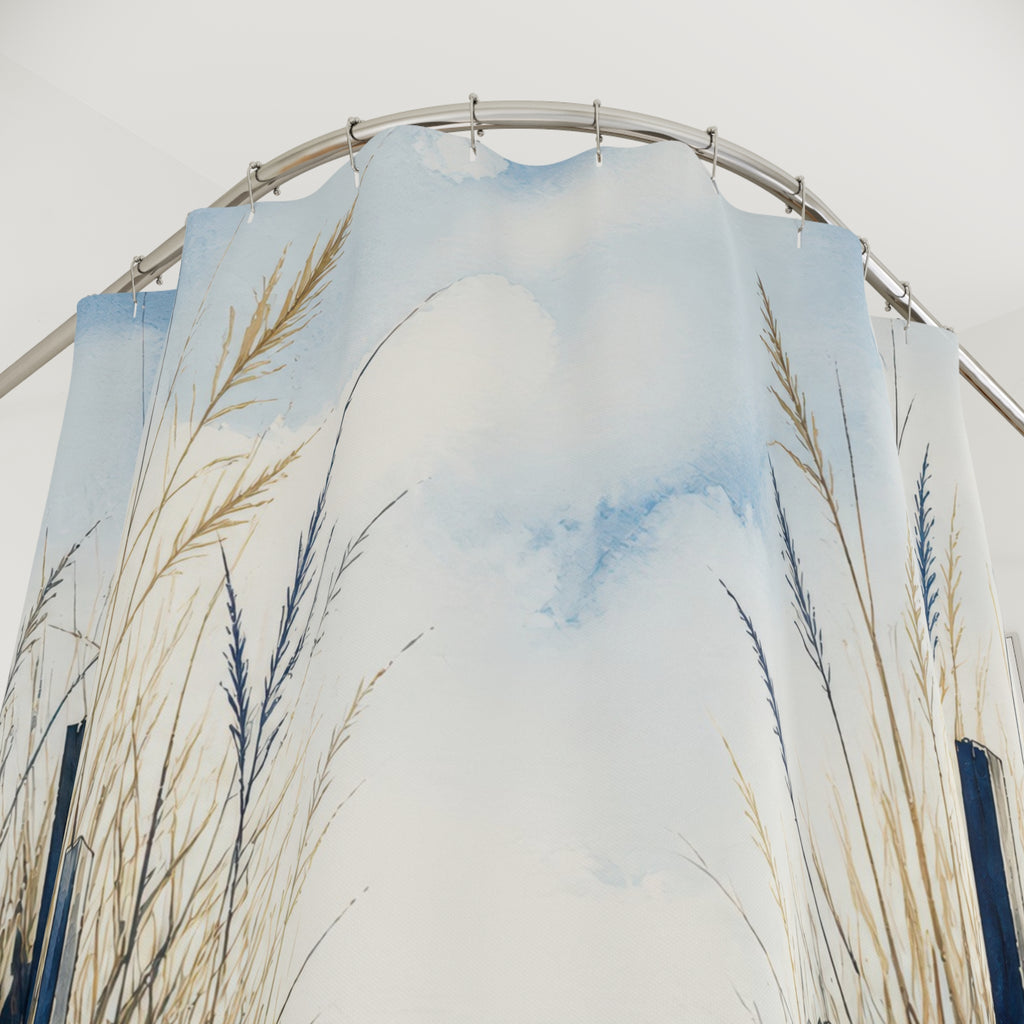 Close-up of Navy dune fencing along a sandy path to the ocean shower curtain with hooks and folds