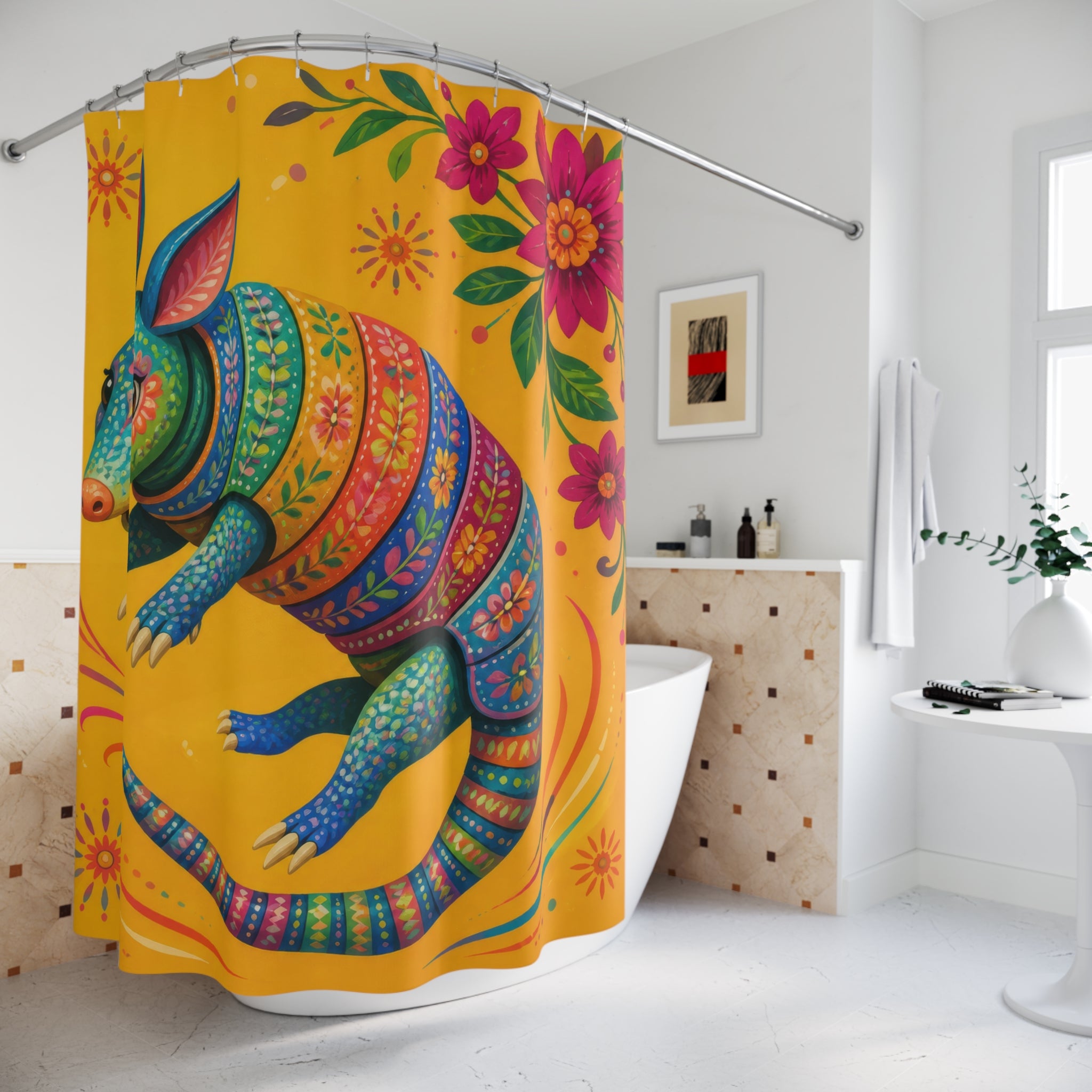 Painted armadillo curling among folk flowers shower curtain beside a freestanding tub