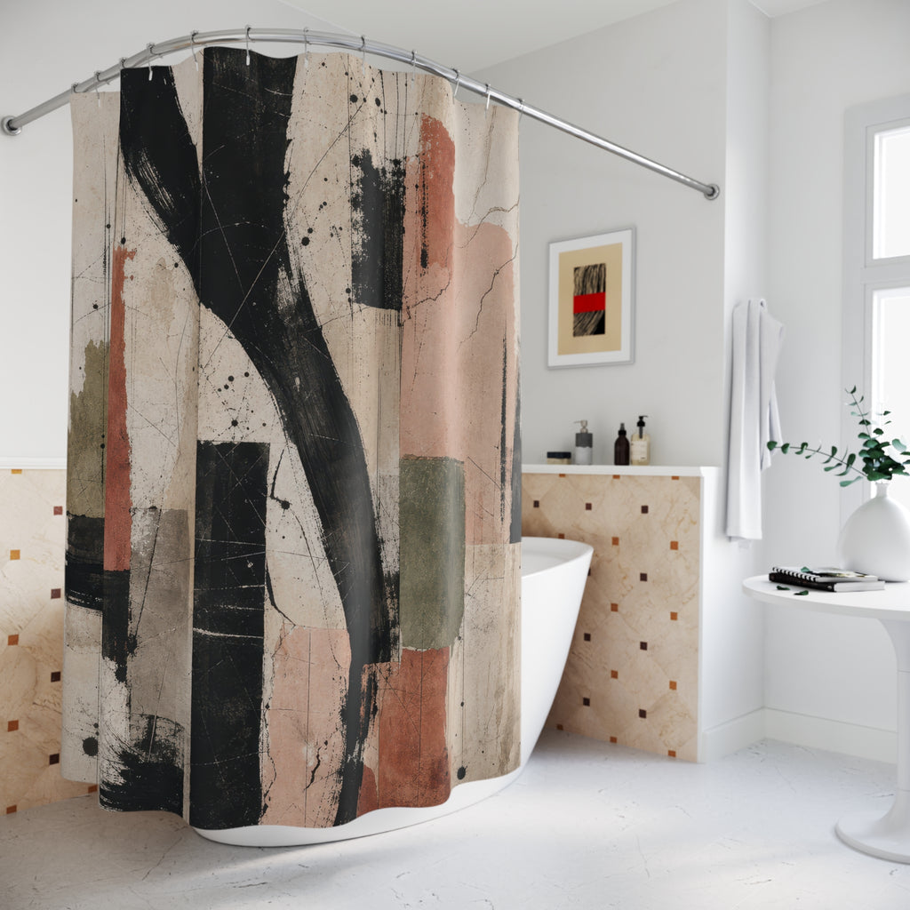 Abstract Shower Curtain, Muted City Shapes, Beige Teal Terracotta Bathroom Decor, Modern Geometric Art, Soft Urban Guest Bath, Warm Decor