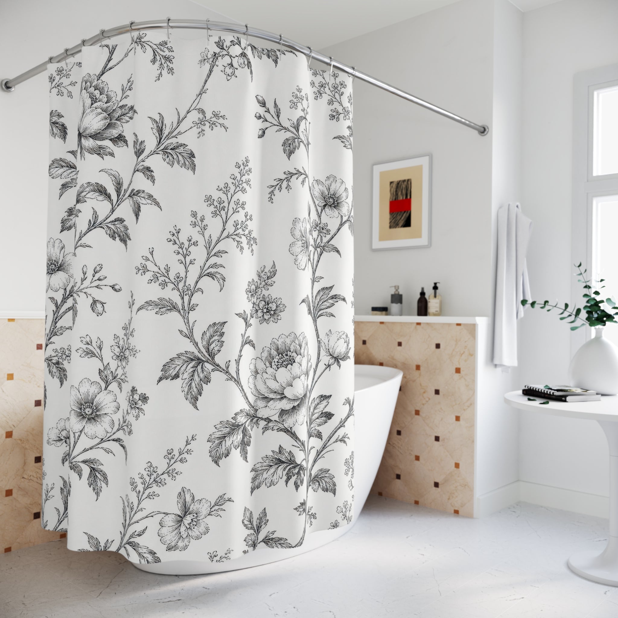 Black White Floral Shower Curtain