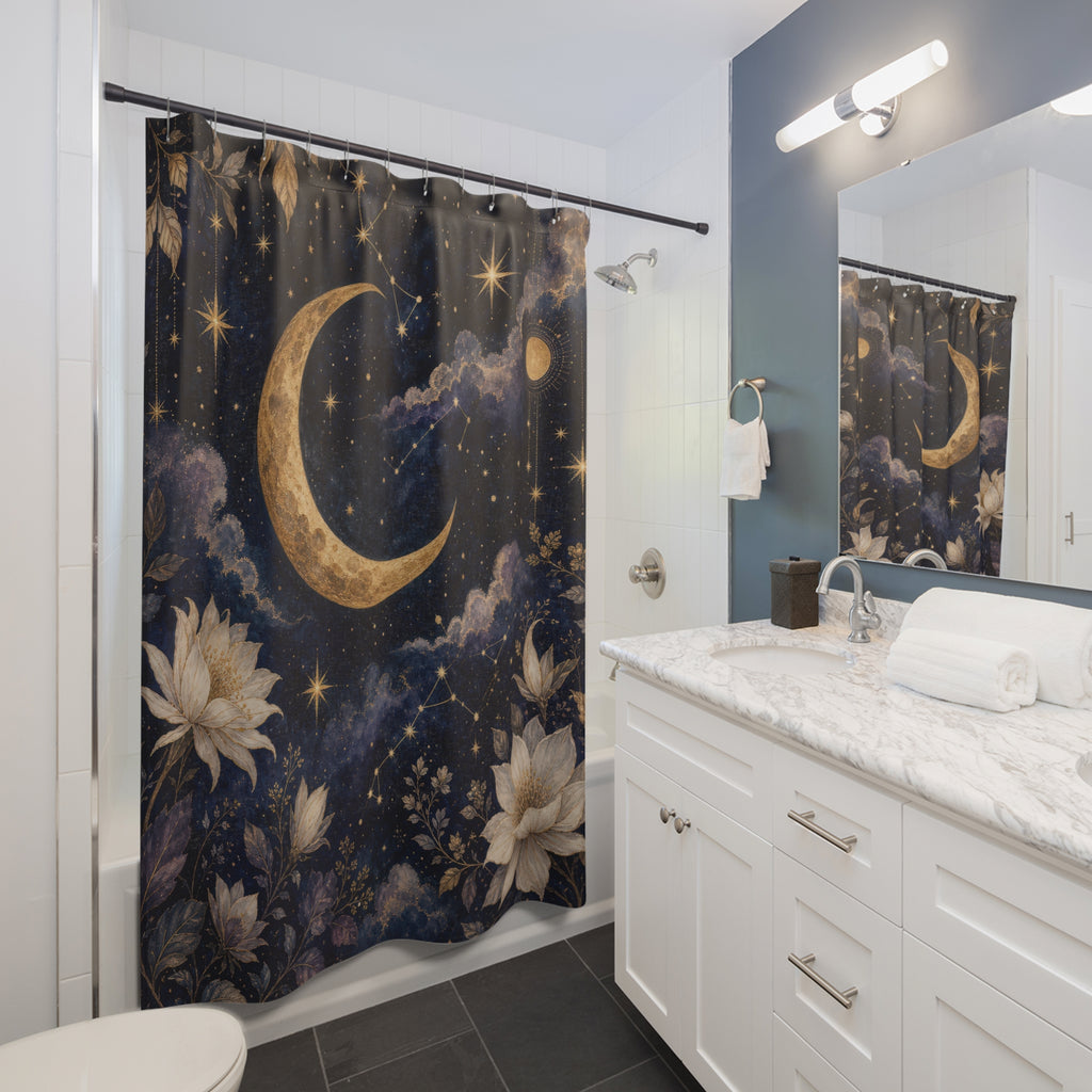 Celestial Shower Curtain: Moon Stars Floral Pattern