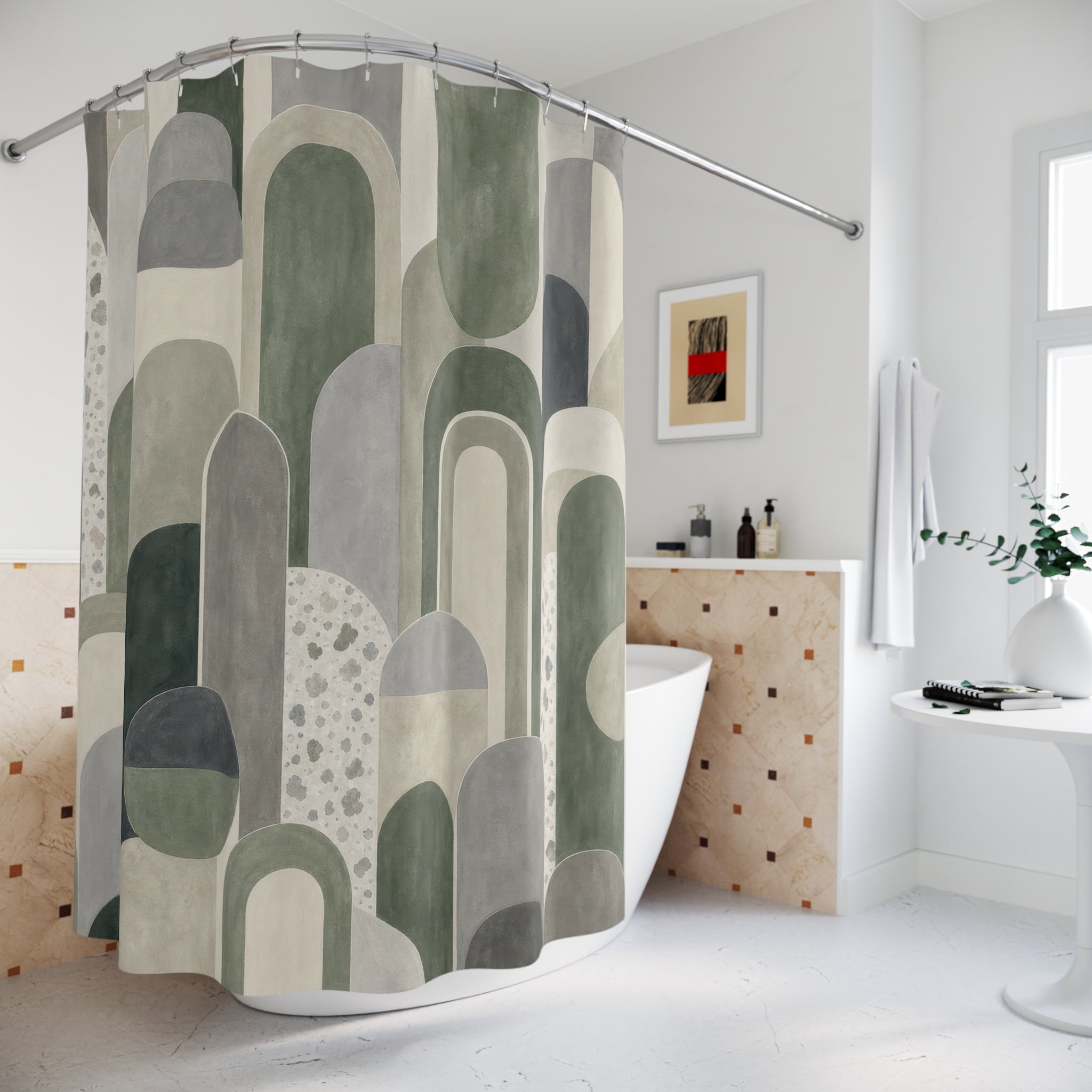 Green Grey Geometric Shower Curtain, Green Grey Modern Bathroom Decor, Geometric Pattern Bath Curtain, Guest Bath Decor, Home Decor