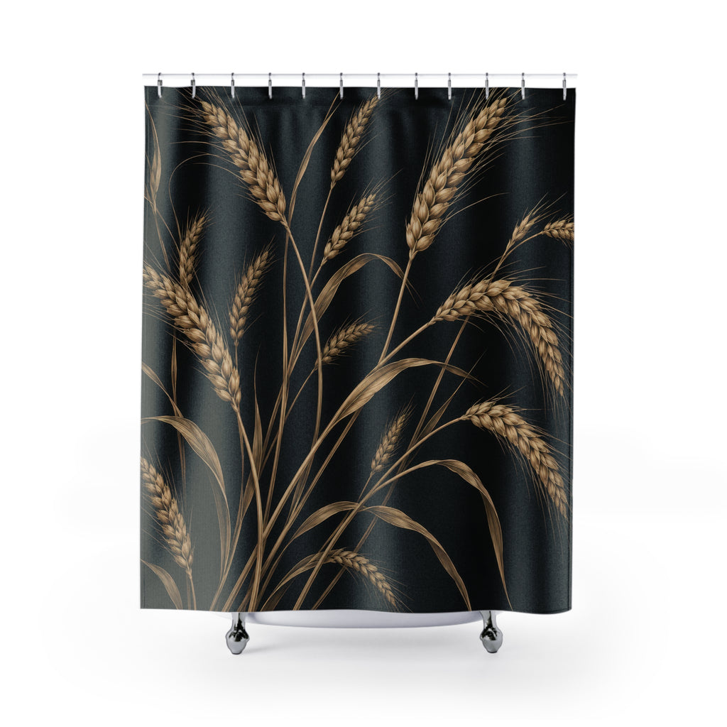 Tan wheat stalks and leaves on black shower curtain with full front view