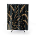 Tan wheat stalks and leaves on black shower curtain with full front view