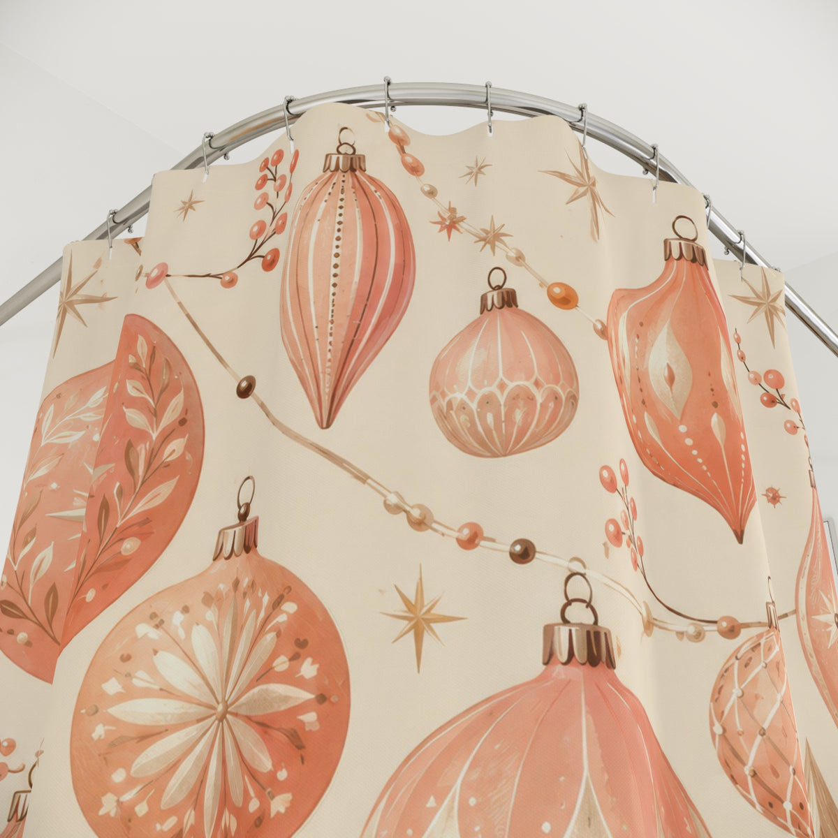 Peach Christmas ornaments and stars shower curtain with close-up print, hooks, and folds